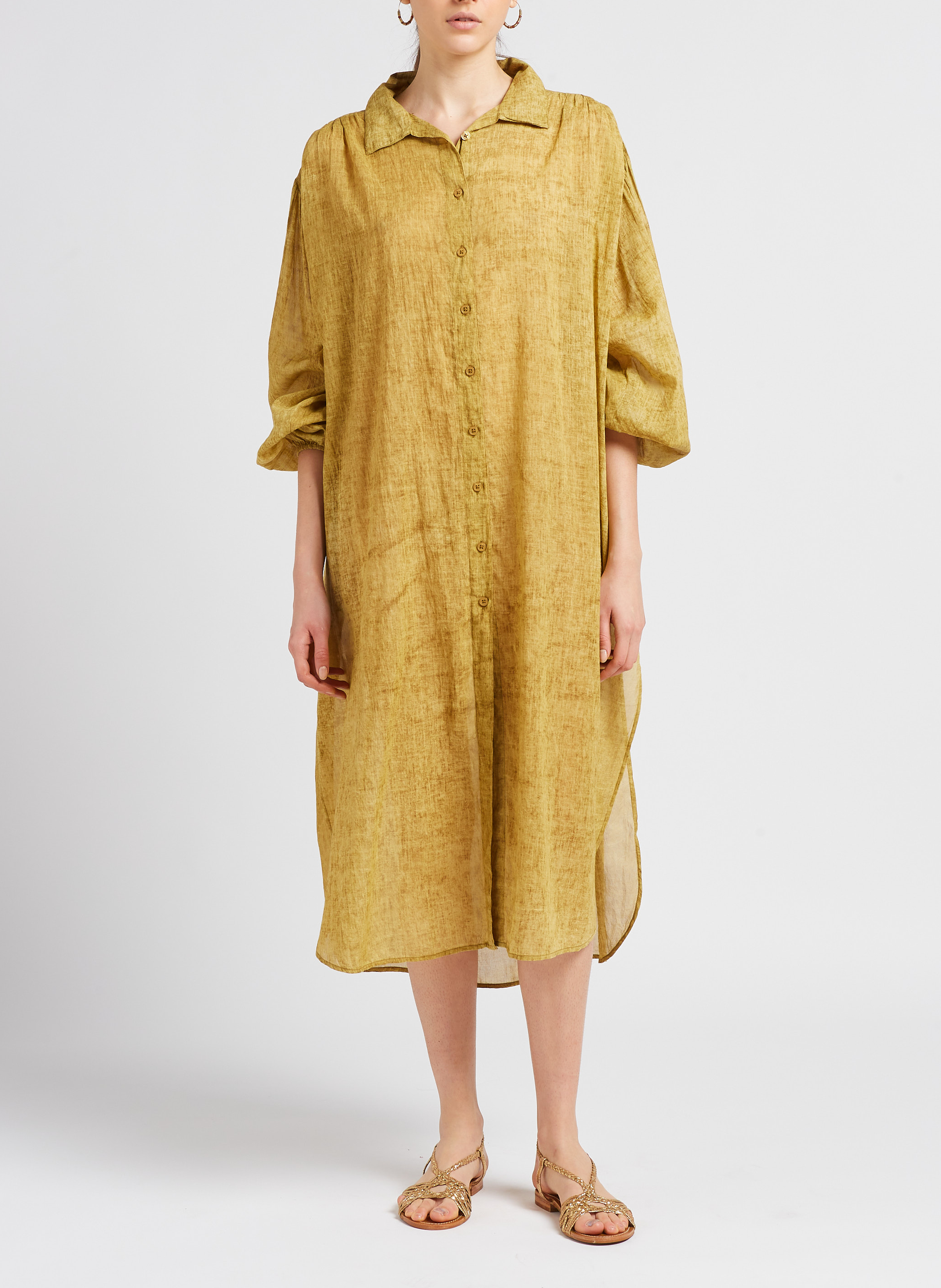 Lange, katoenen jurk met klassieke kraag MES DEMOISELLES Bruin