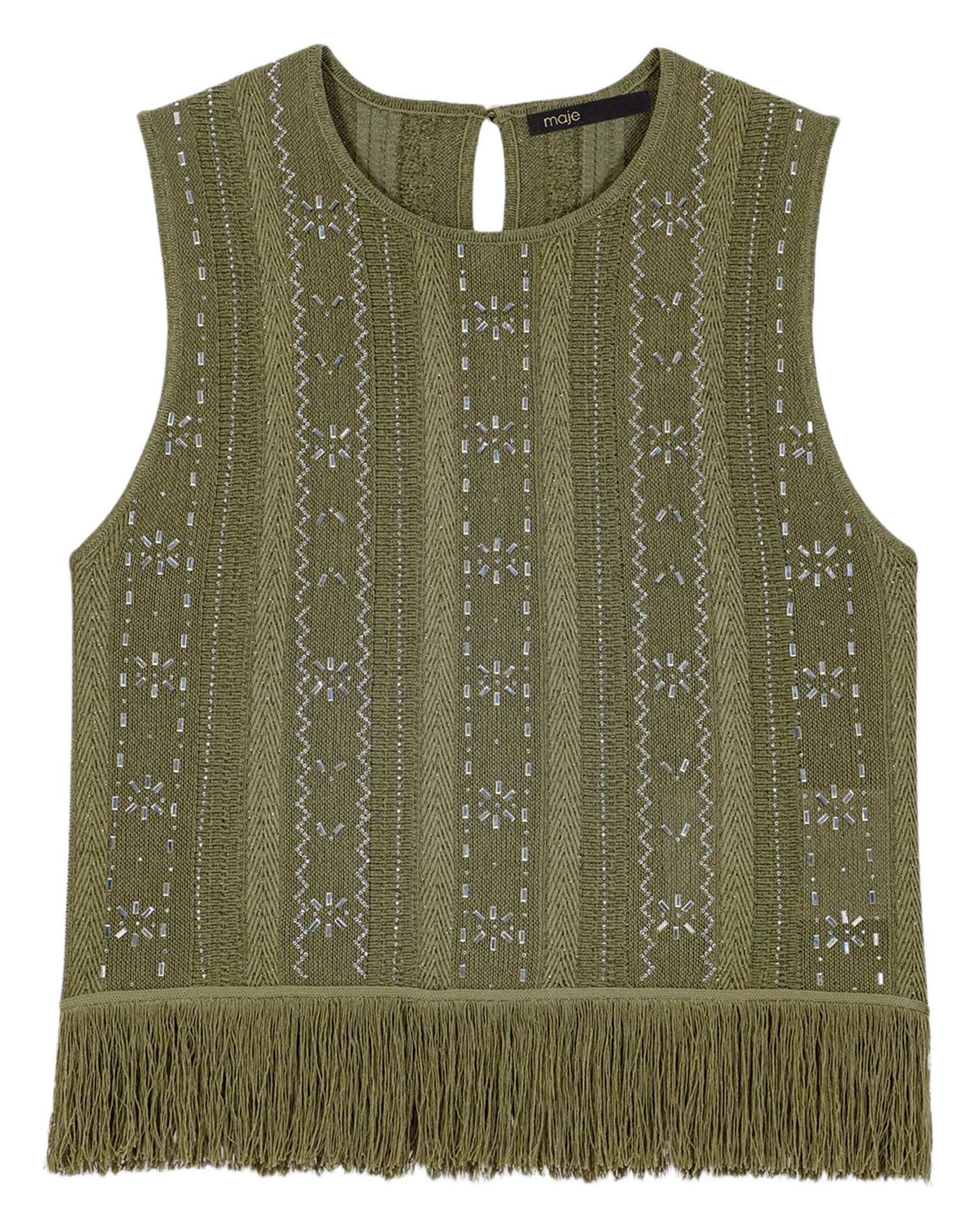 Top sans manches fantaisie à franges MAJE Kaki