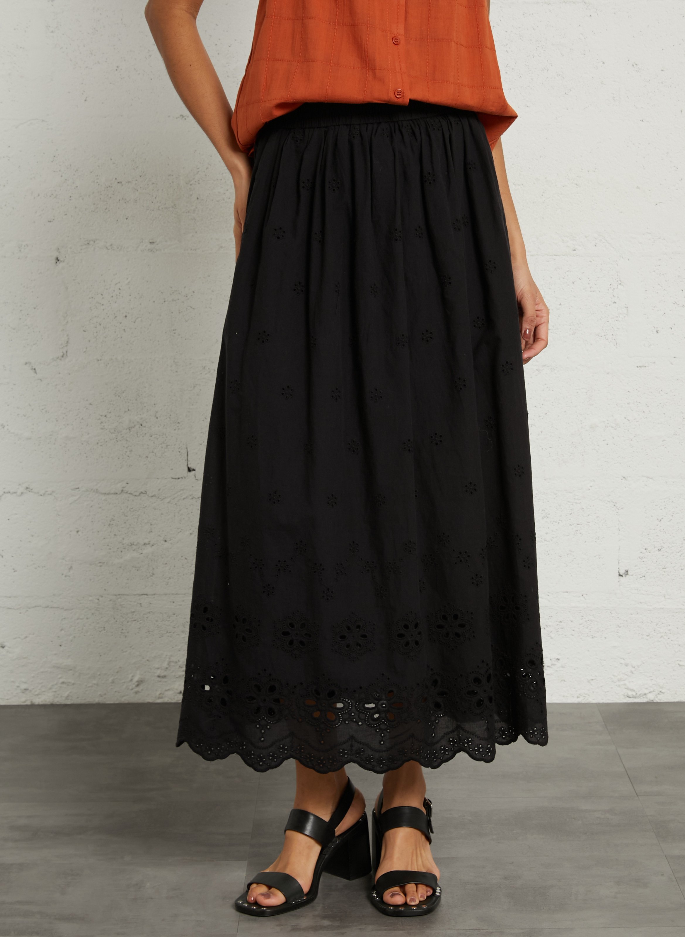 Jupe midi en coton brodé SEE U SOON Noir