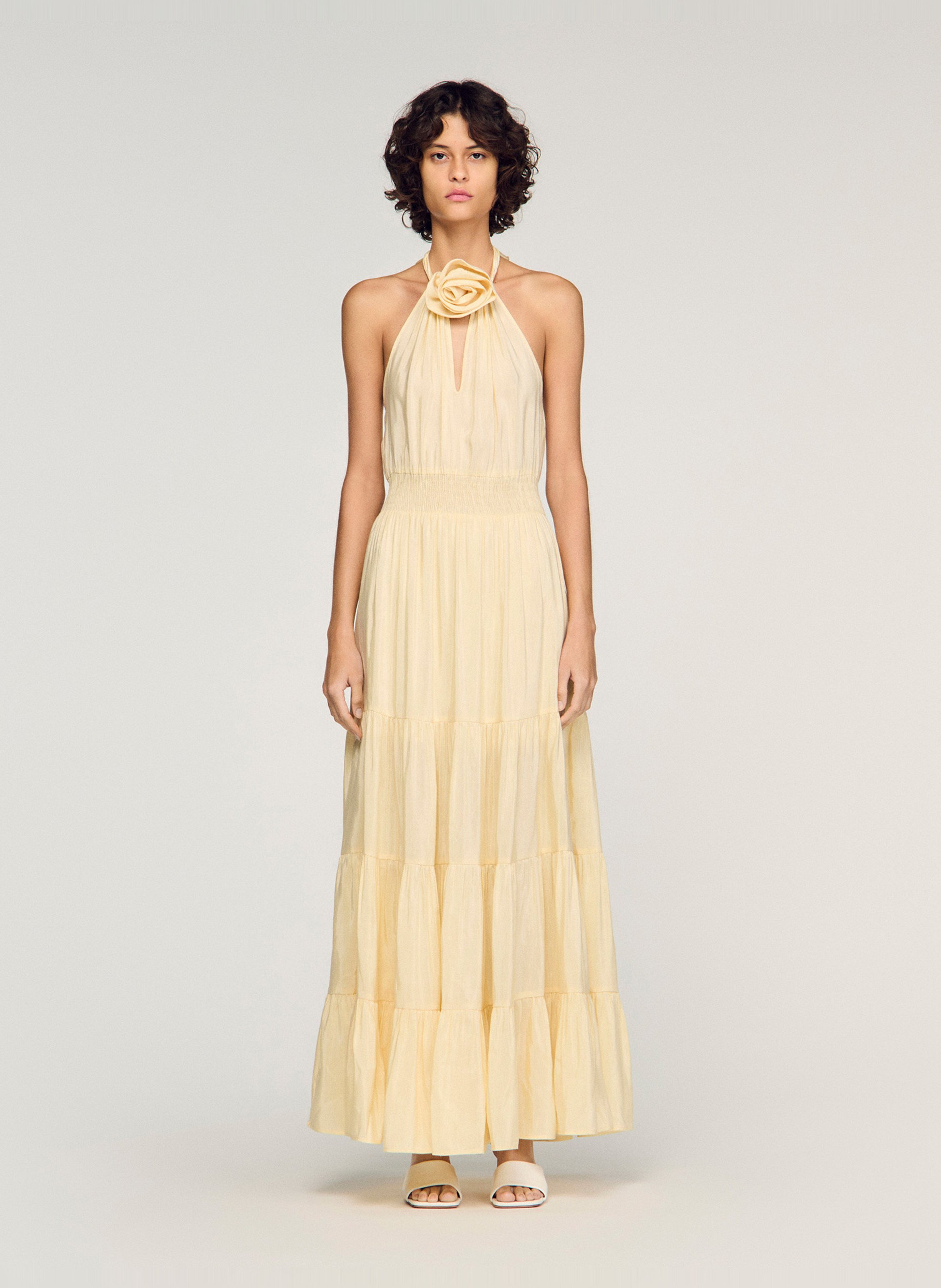 Robe longue cintrée en lin mélangé SANDRO Beige