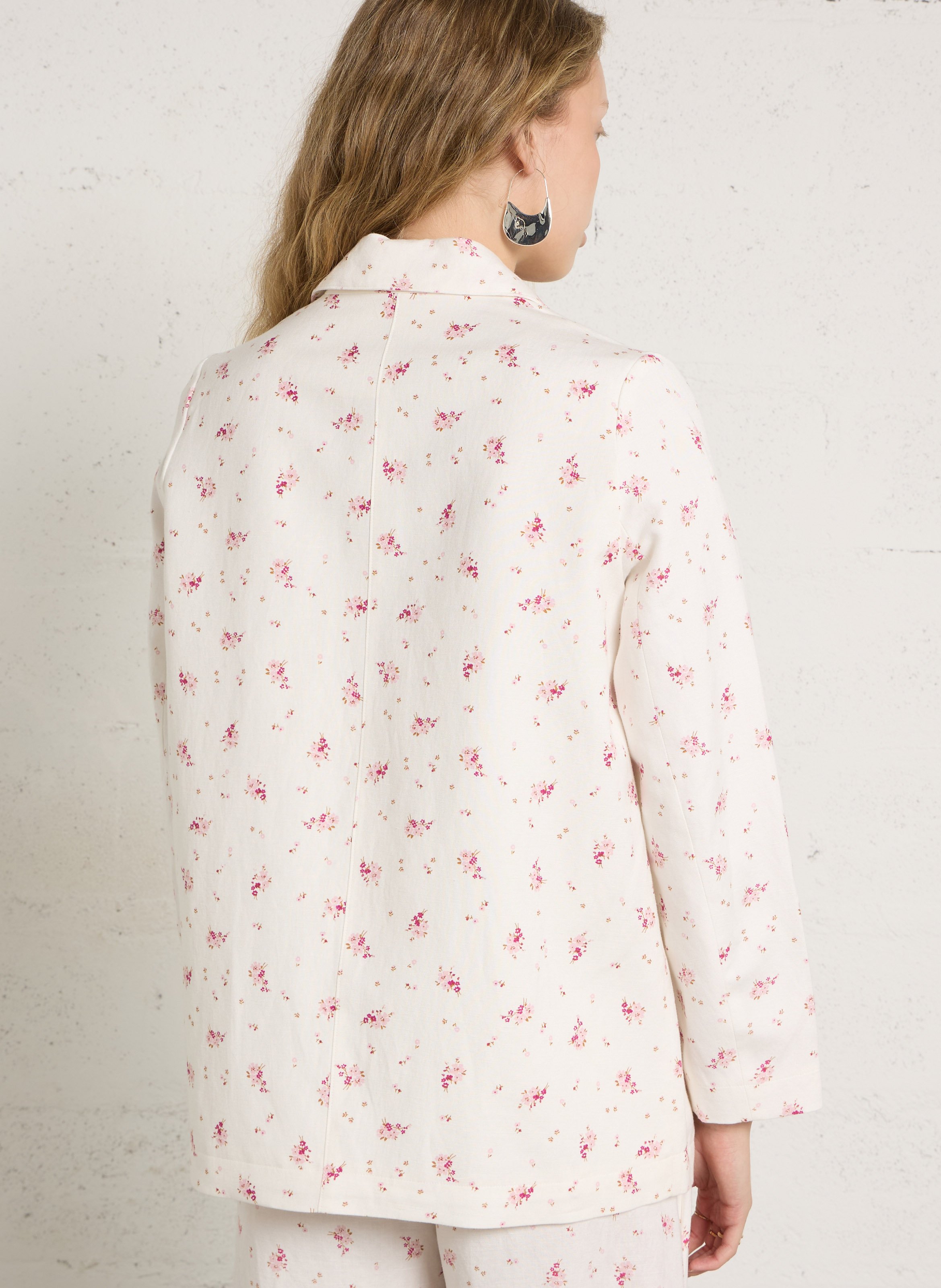 Rechte jas met reverskraag en bloemenprint in linnenmix DES PETITS HAUTS Wit