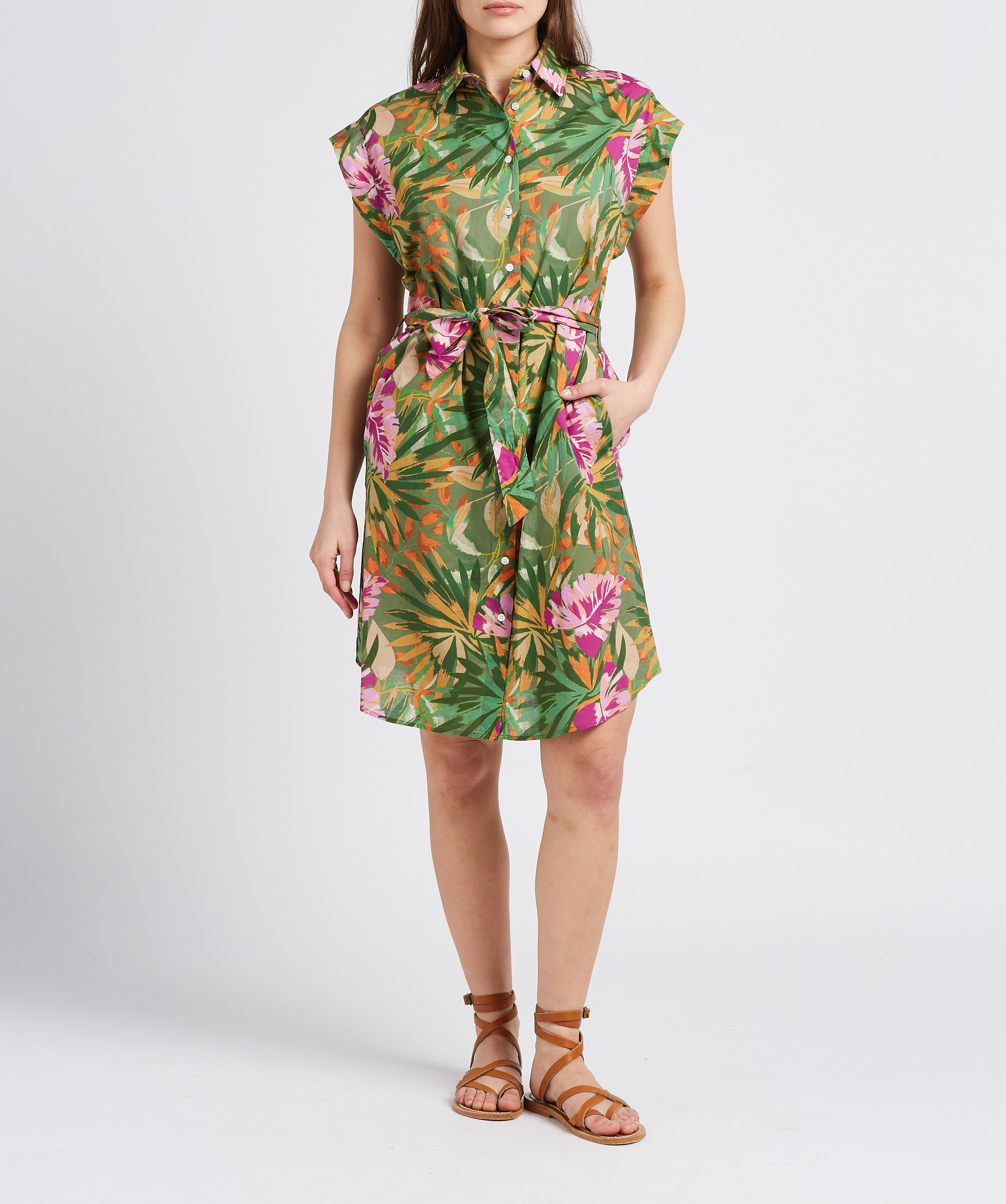 Leaf print belted cotton belted midi dress HARTFORD Green