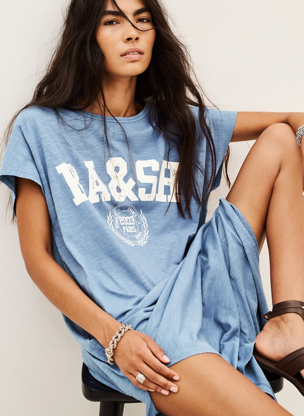 Robe midi imprimée col rond  | Bleu BA&SH Femme