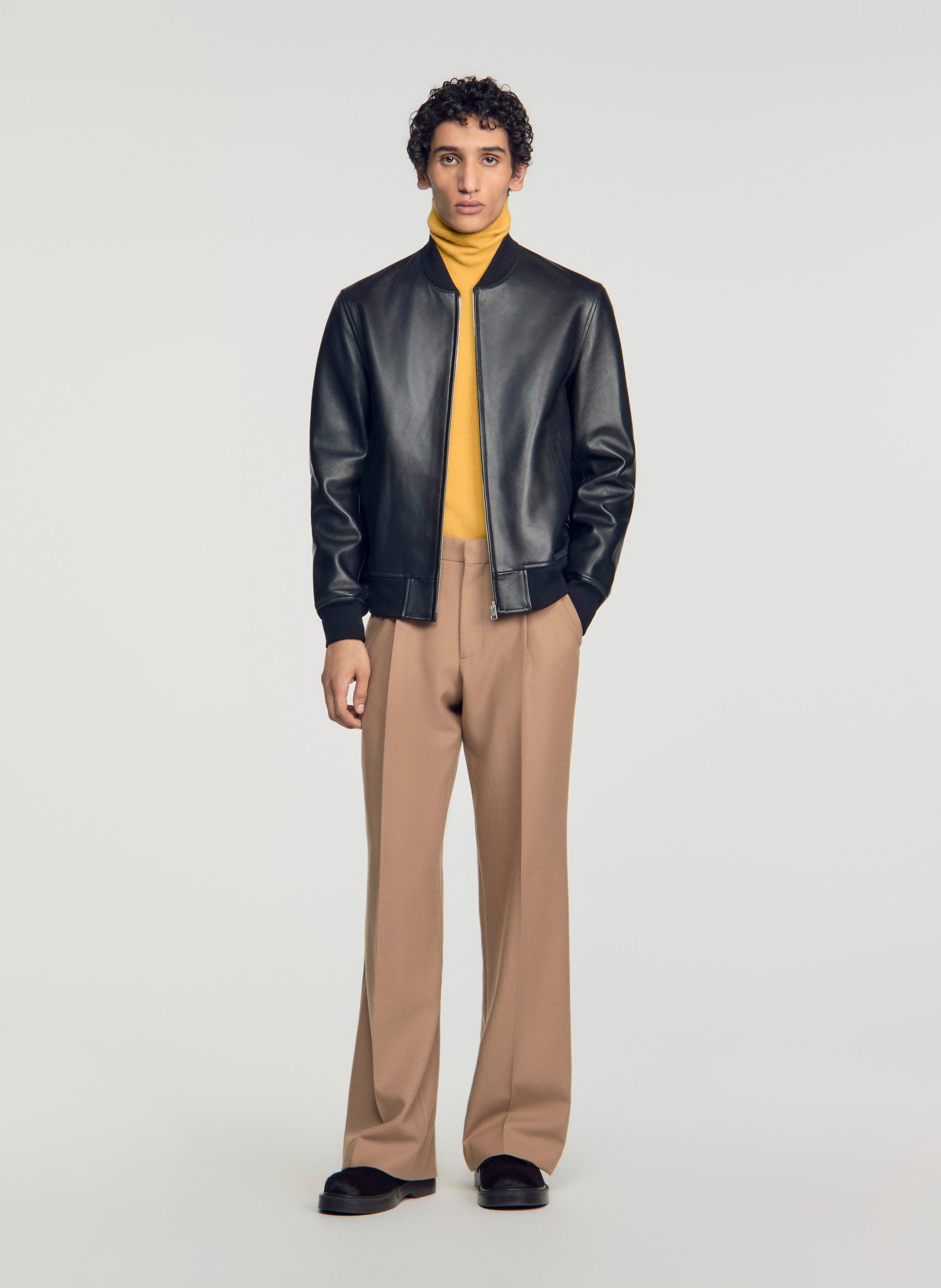 Blouson col teddy en cuir SANDRO Noir