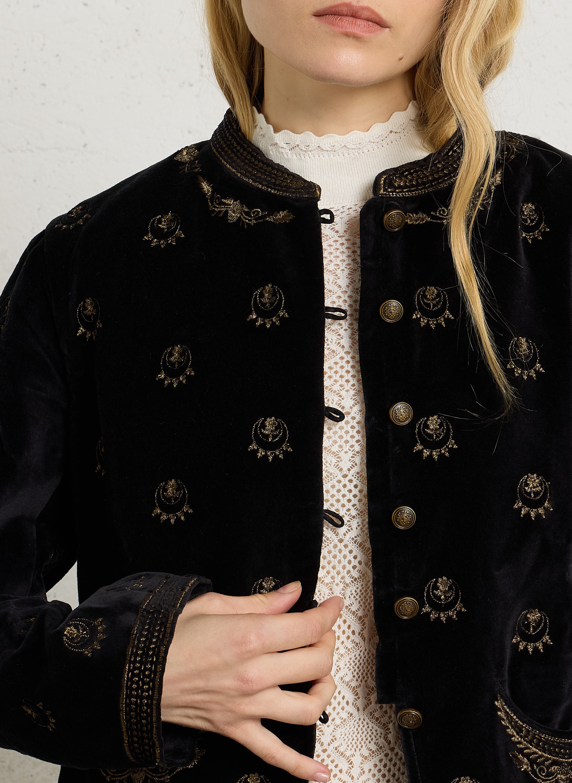 Straight embroidered cotton velvet jacket MAISON HOTEL Black