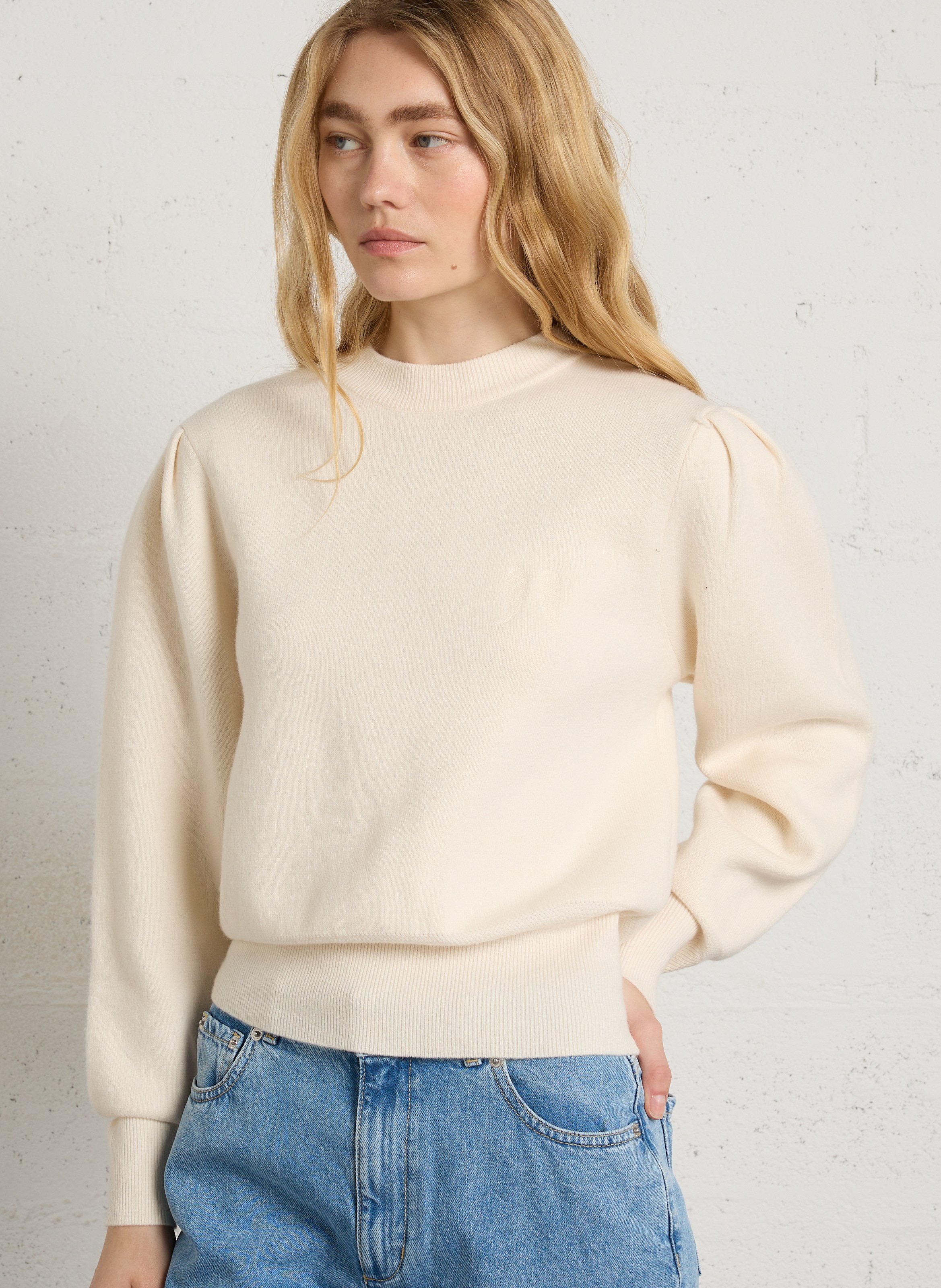 Pull droit col rond brodé en laine BERENICE Blanc