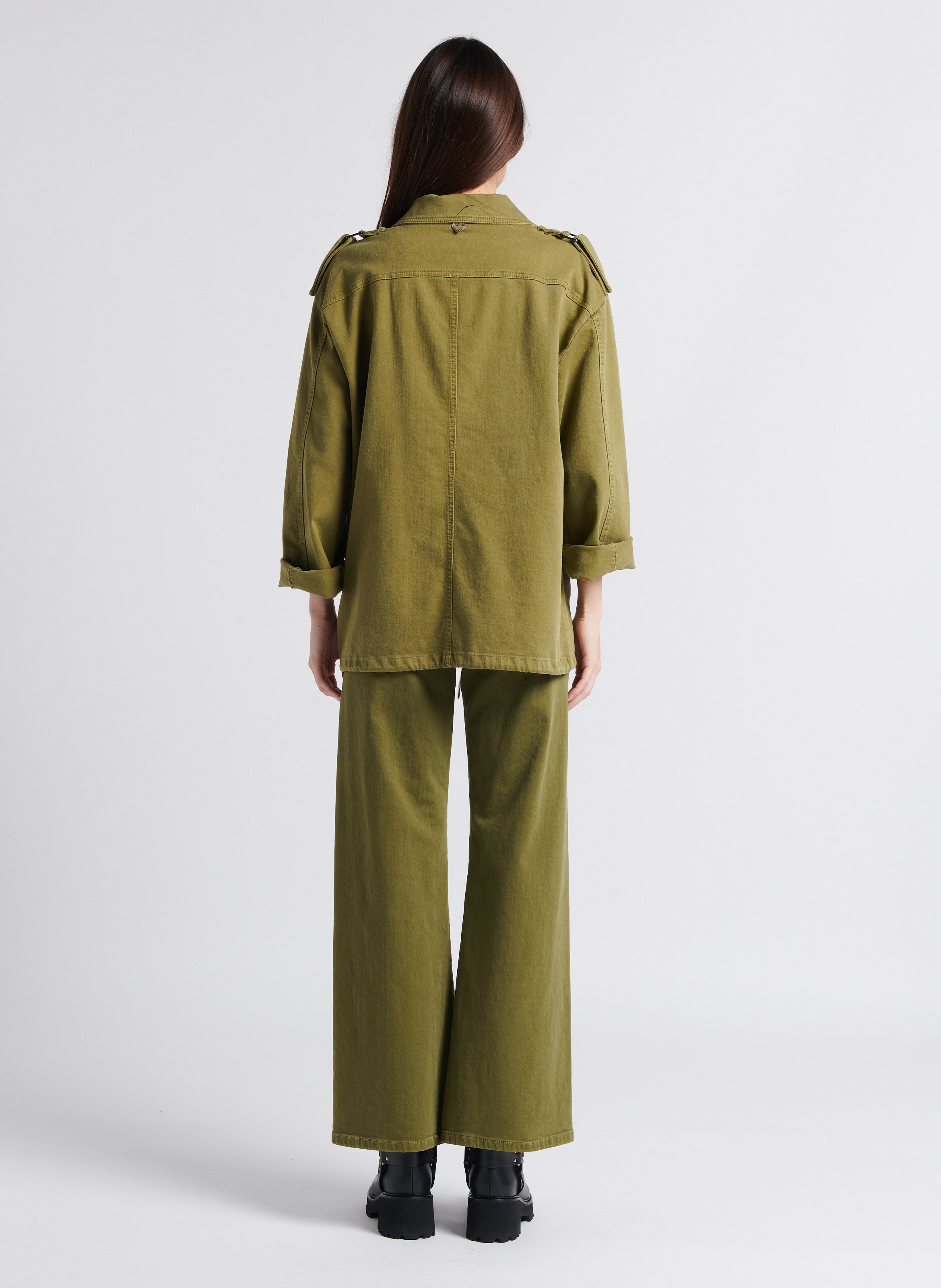 Straight-cut paint splatter print jacket with classic collar PLEASE Khaki