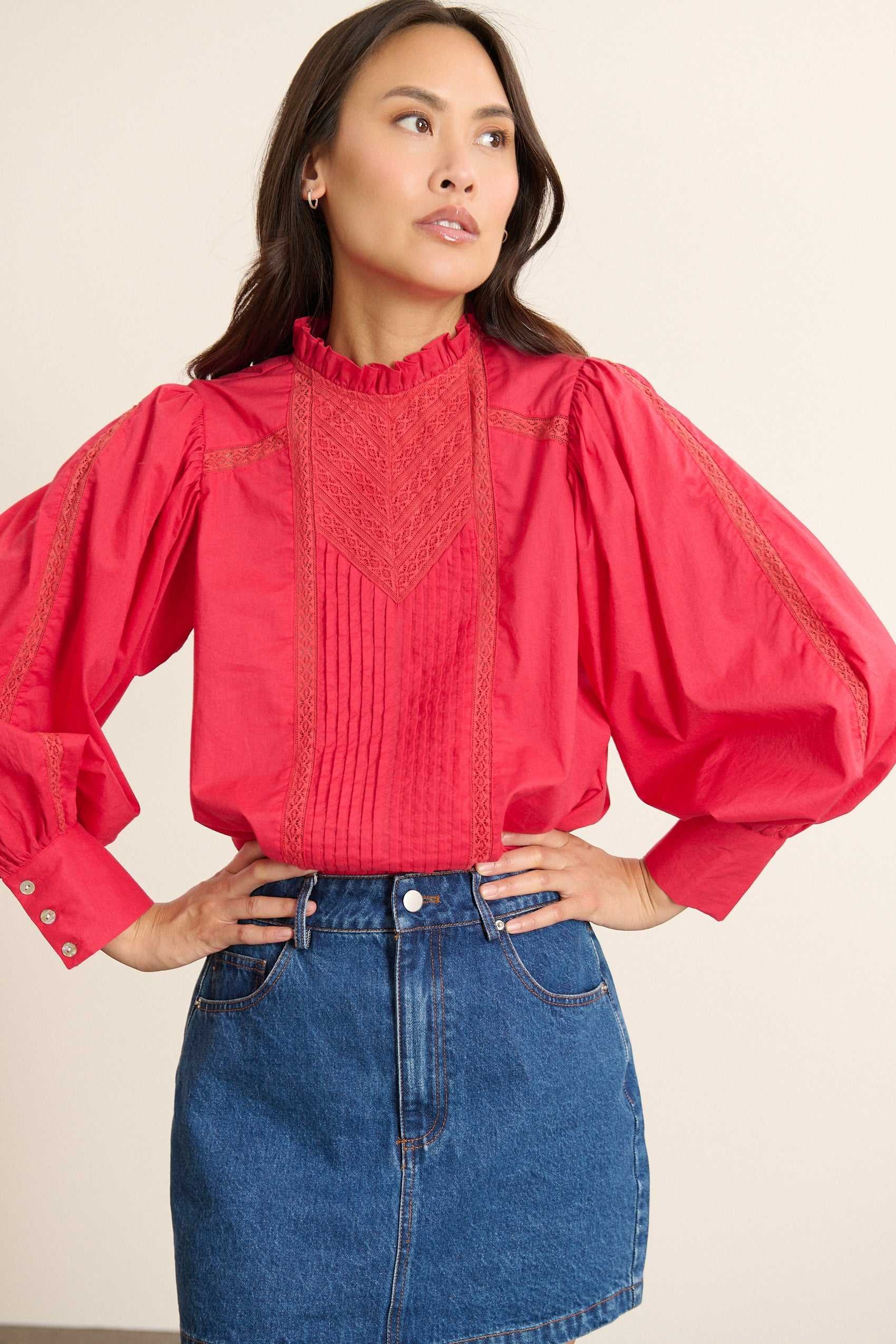 Blouse with lace ruffled collar GARANCE PARIS Red