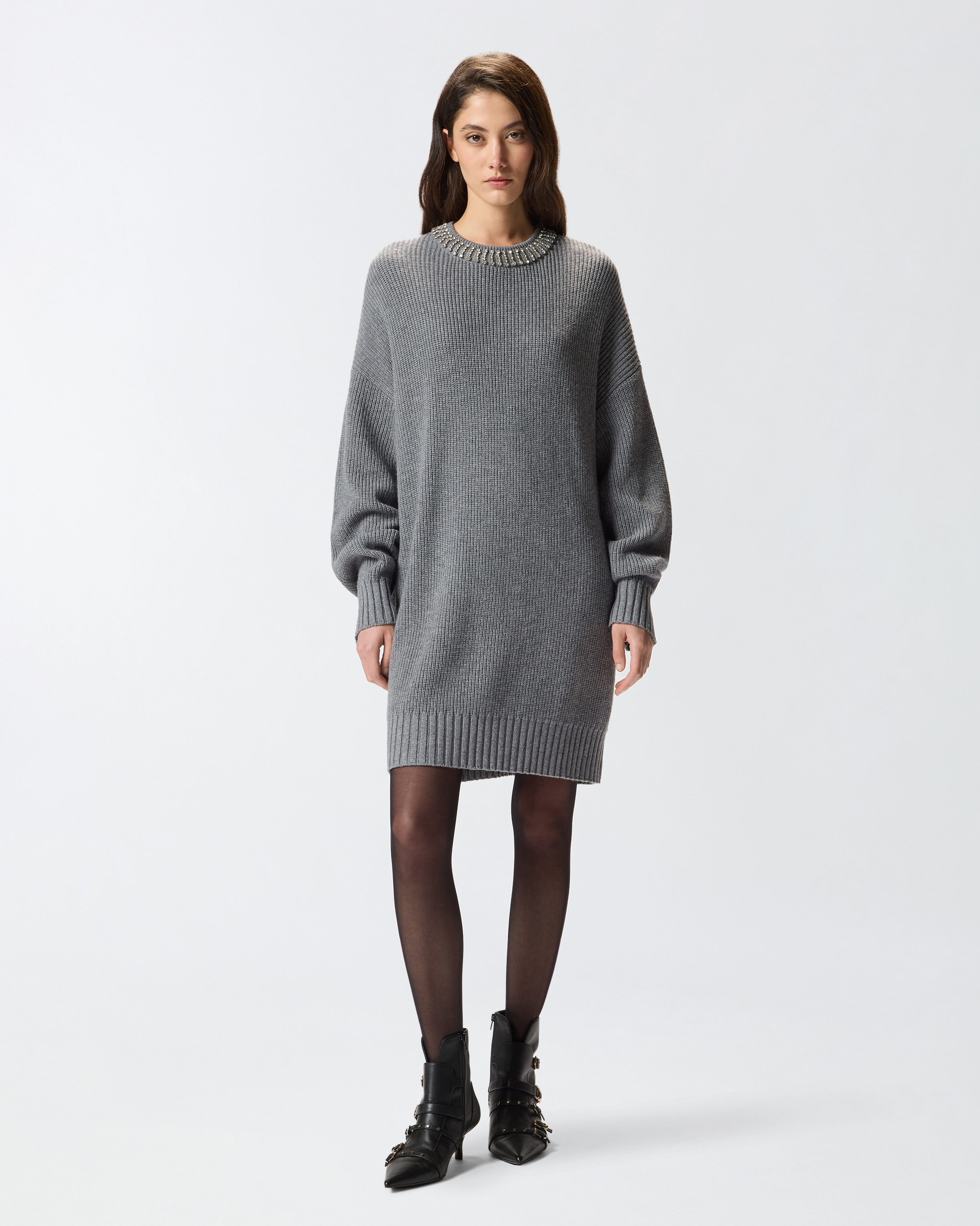 Knit dress with rhinestone collar PINKO Grey