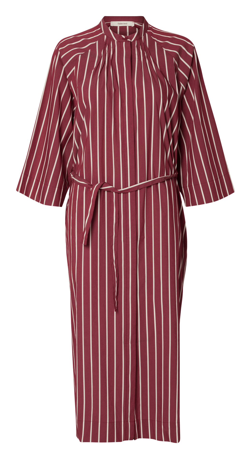 Rechte jurk met klassieke kraag van biokatoenmix met strepen SELECTED Rood