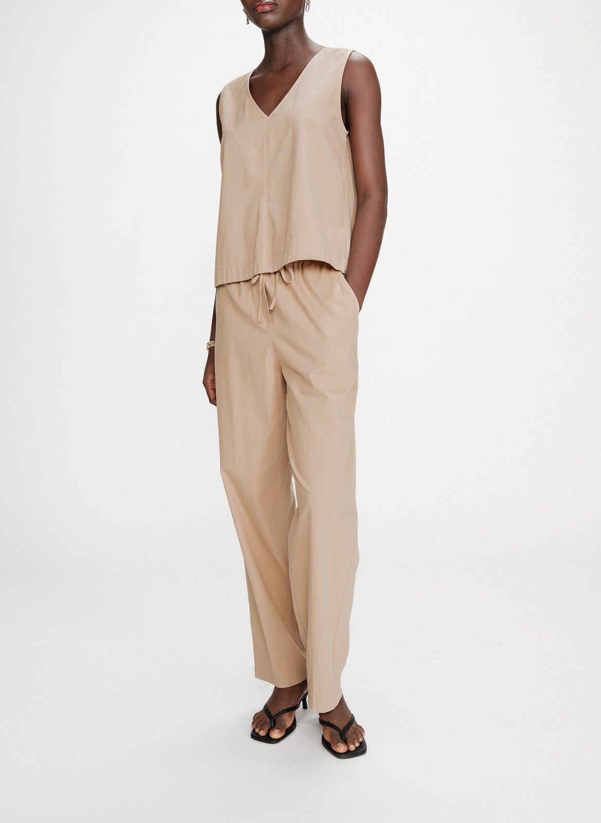 Pantalon droit élastiqué uni en coton GRACE ET MILA Beige