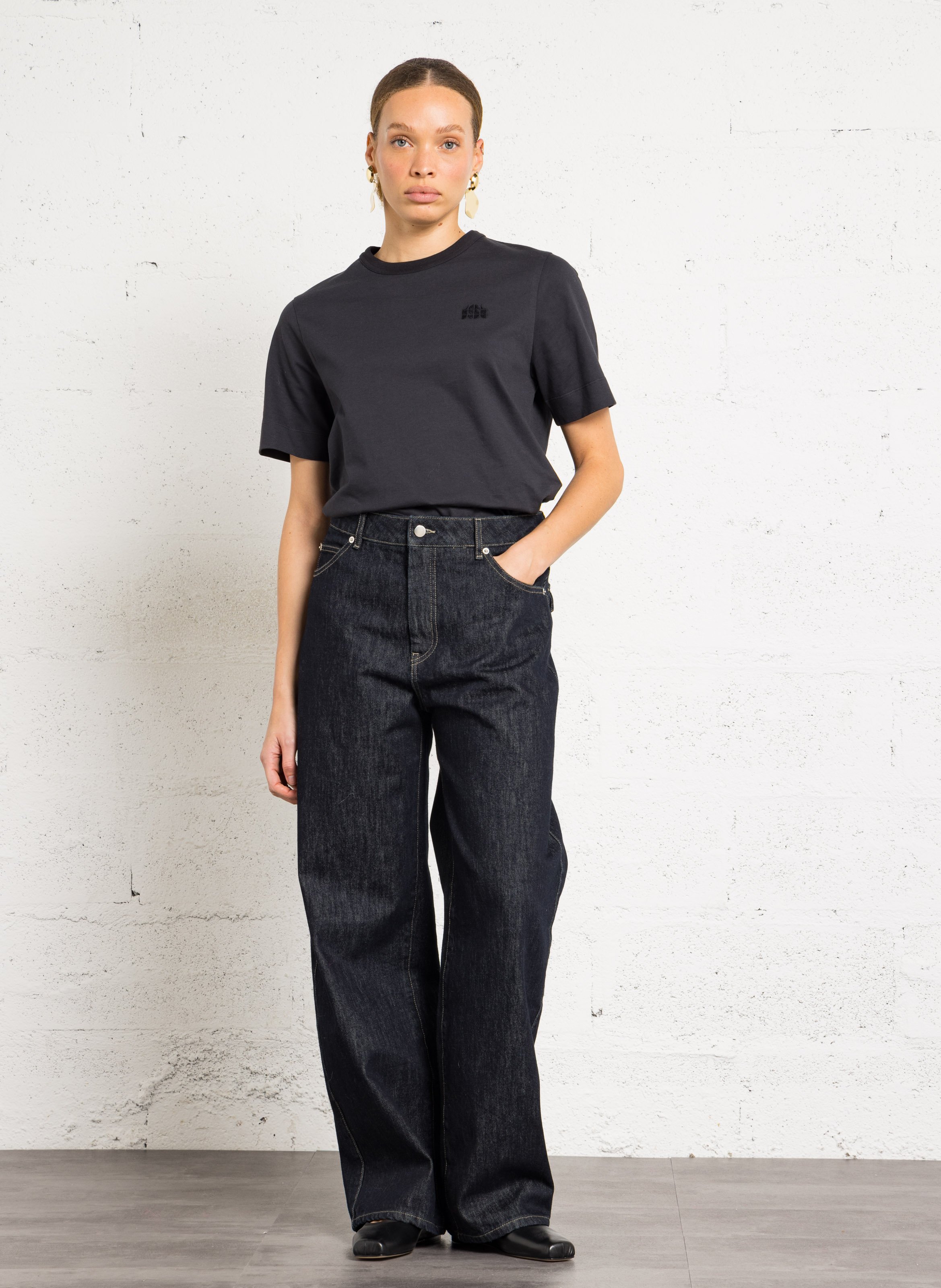 Tee-shirt col rond brodé en coton bio SOEUR Bleu