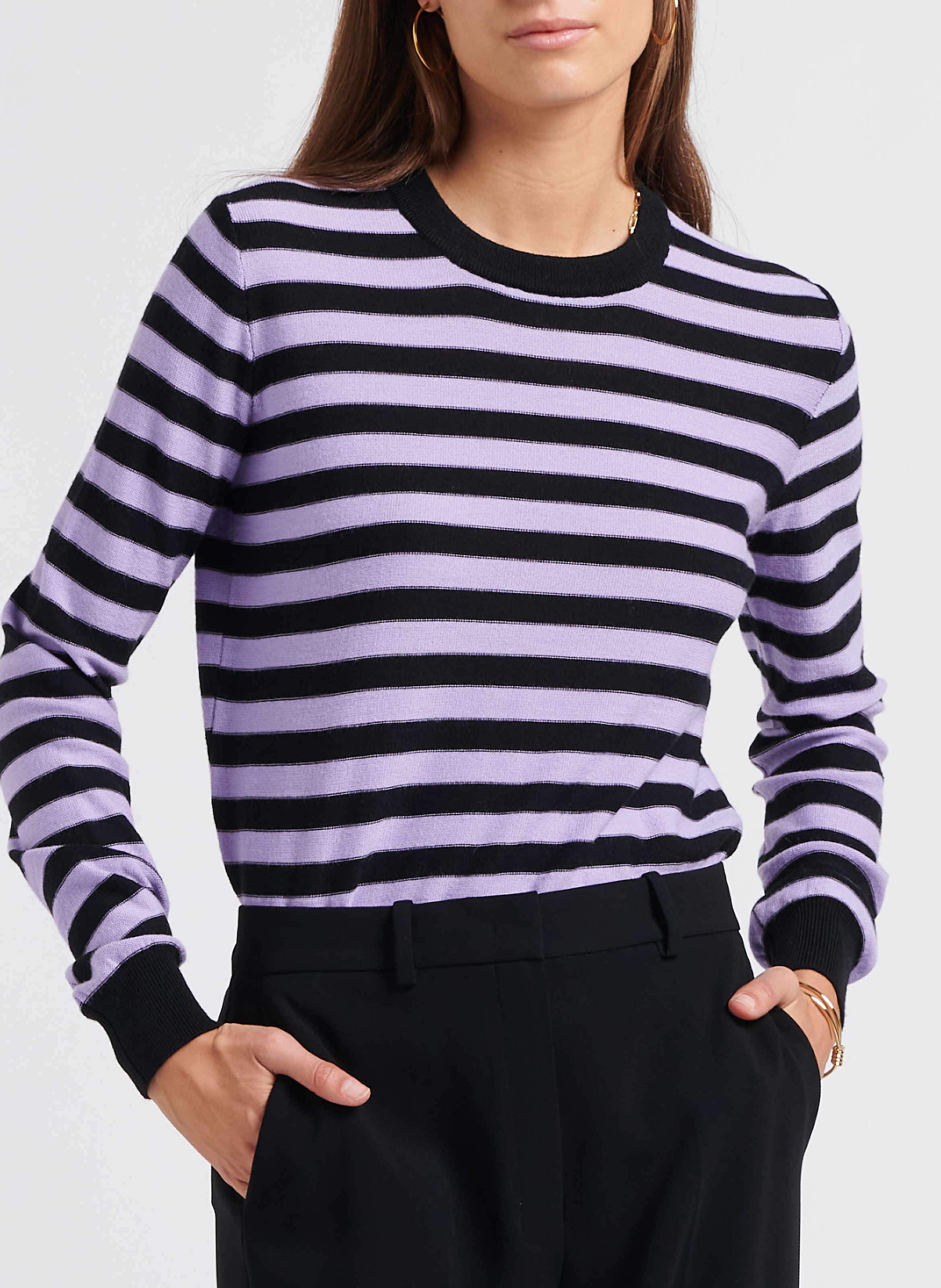 Pull col rond rayé en laine SONIA RYKIEL Noir