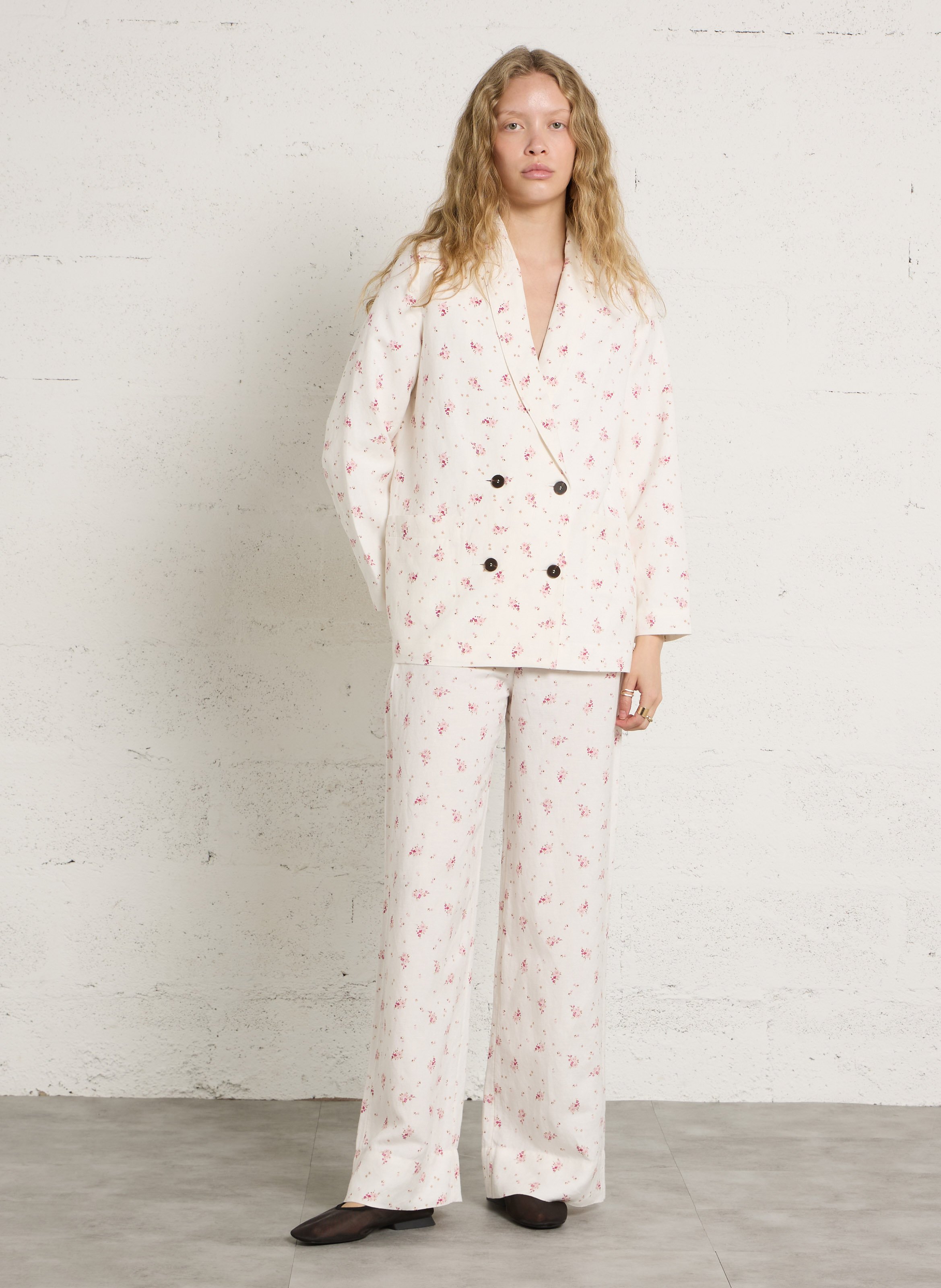 Rechte jas met reverskraag en bloemenprint in linnenmix DES PETITS HAUTS Wit