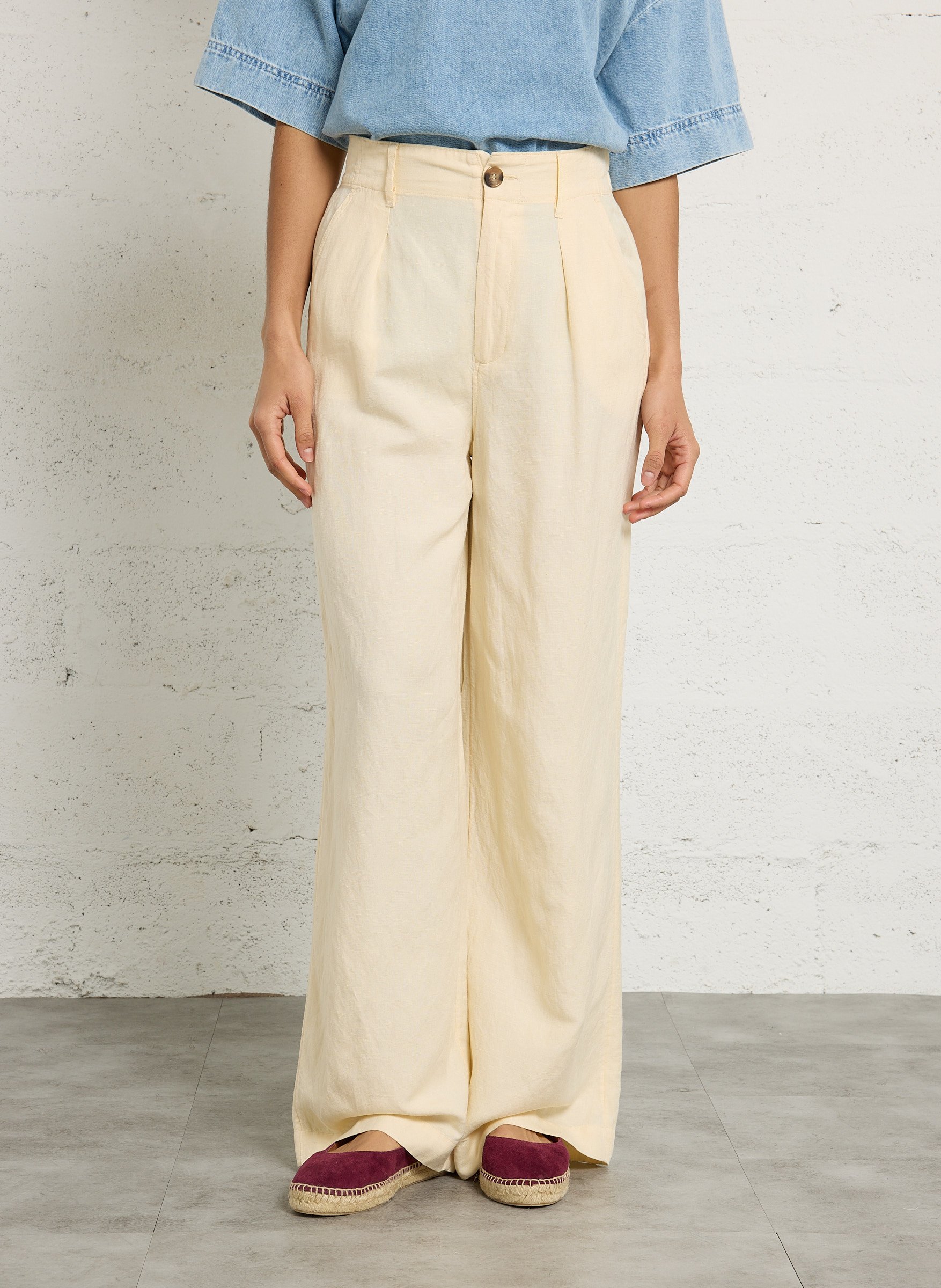 High-waisted wide-leg linen mix pants DES PETITS HAUTS Yellow
