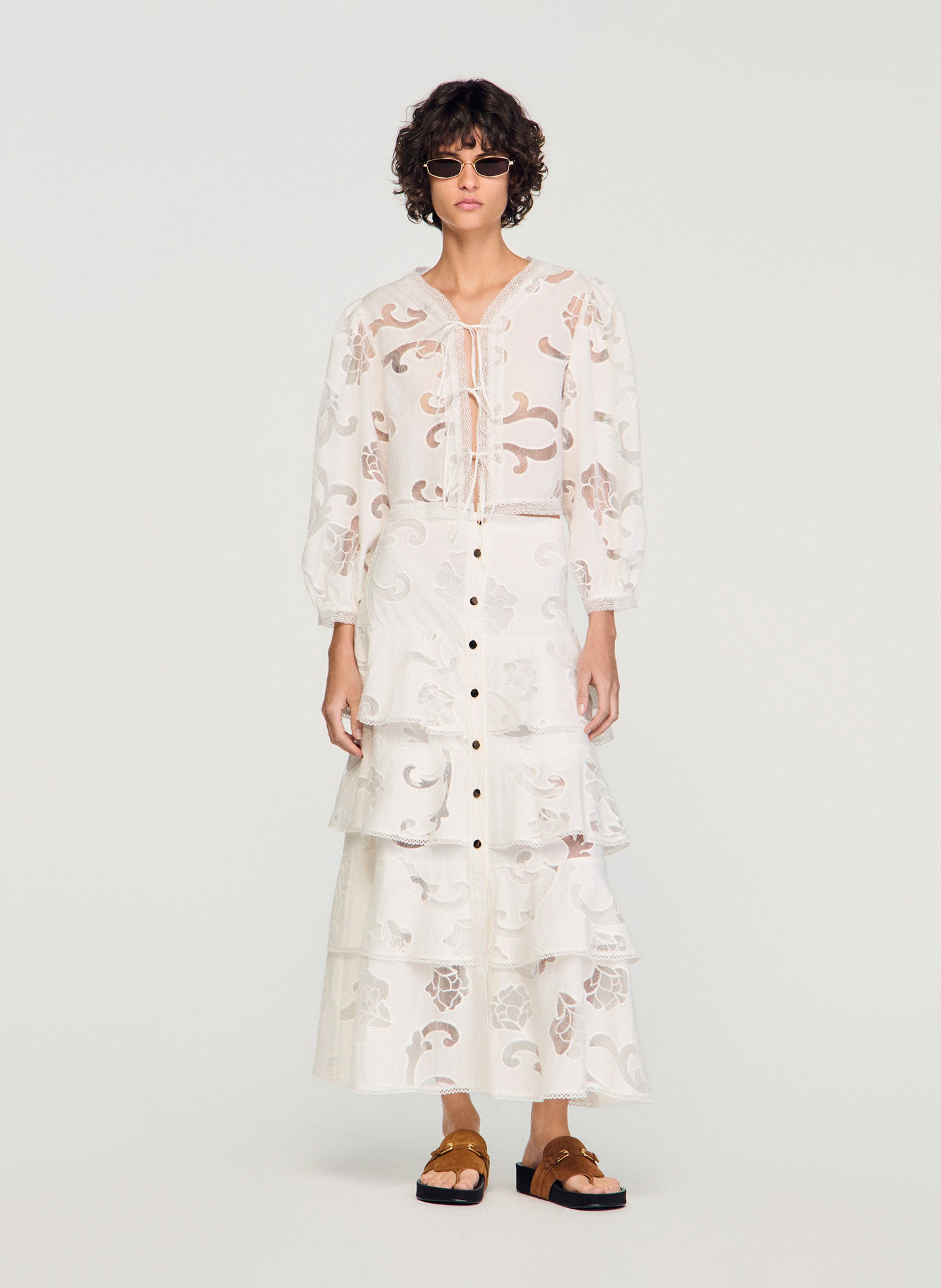 Jupe longue en coton mélangé ajouré SANDRO Beige