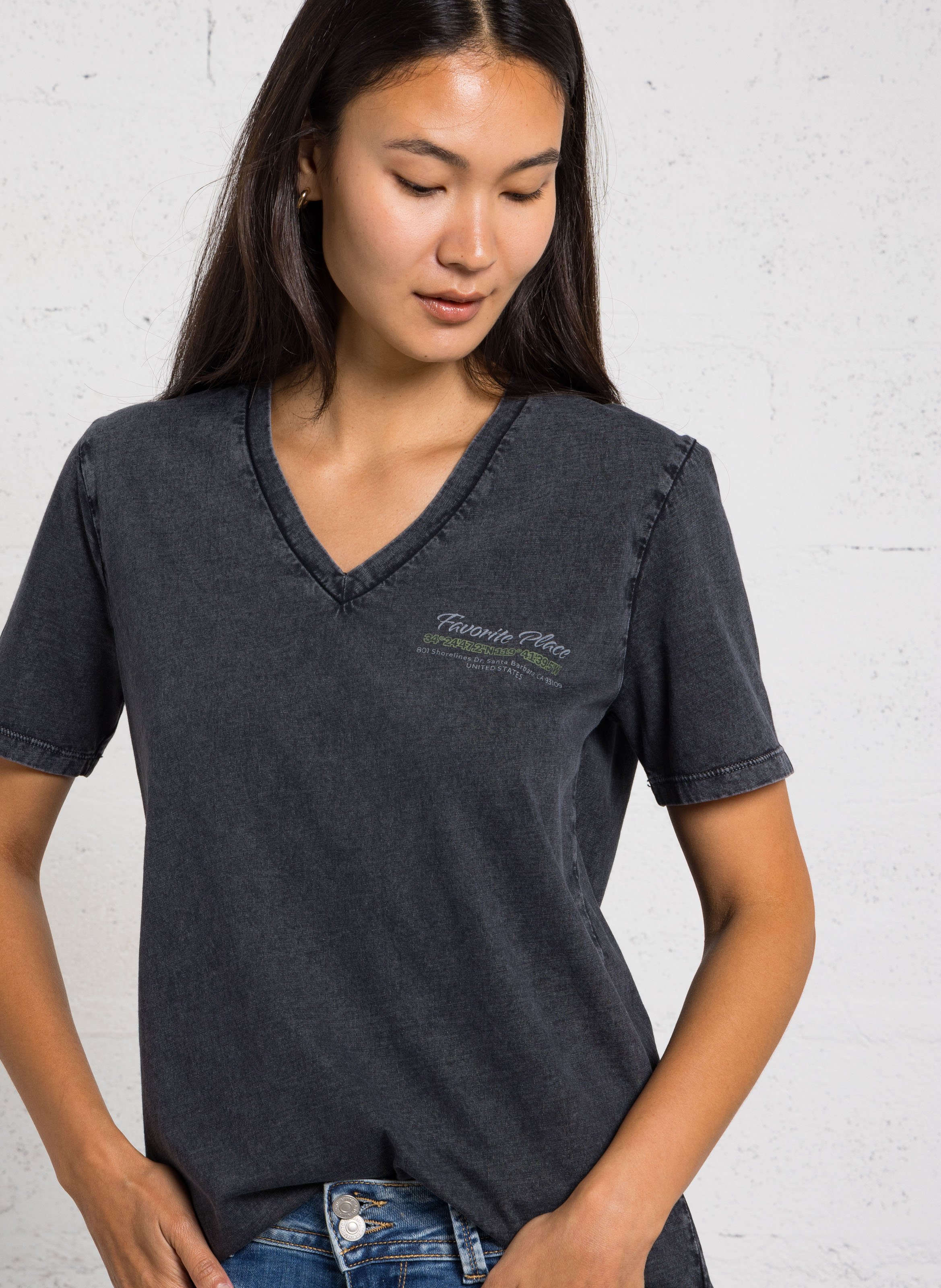 Tee-shirt droit col V imprimé en coton IKKS Gris