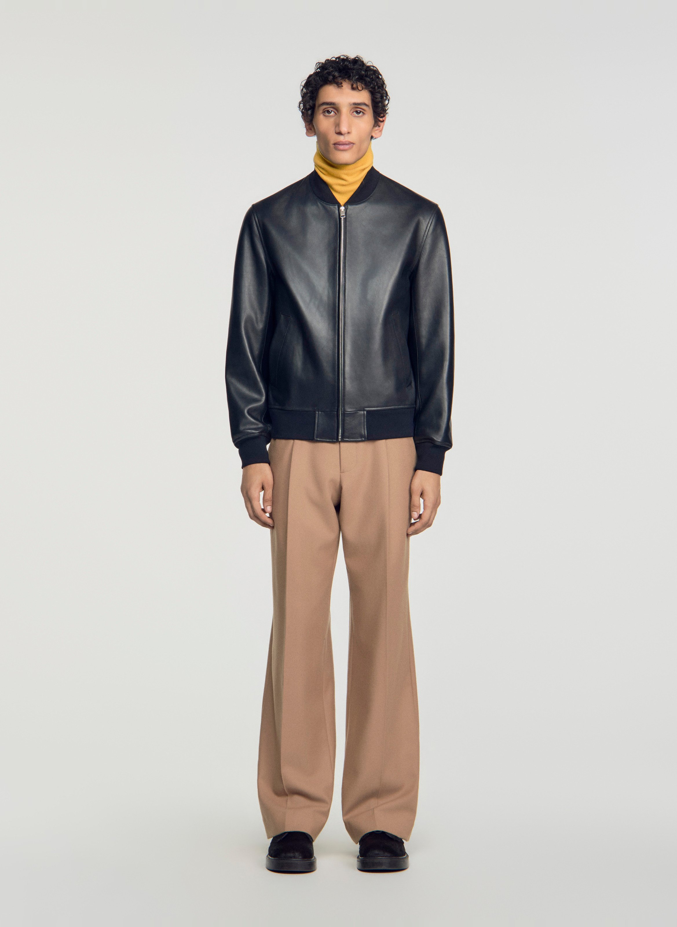 Blouson col teddy en cuir SANDRO Noir
