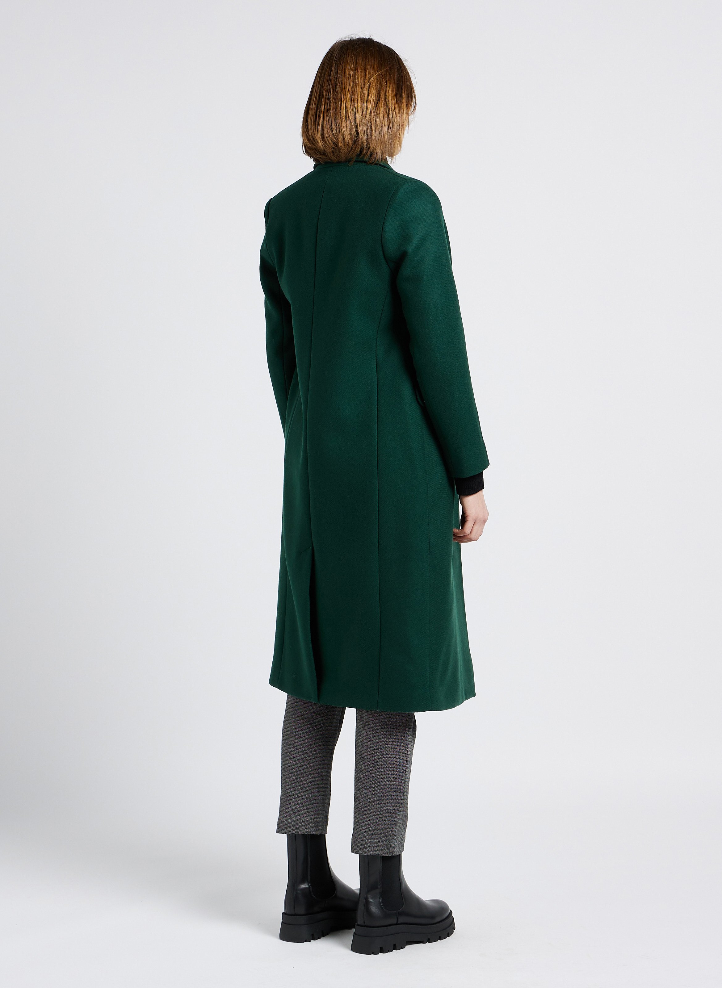 Manteau Long Col Tailleur En Laine M lang e Vert Sapin Ikks