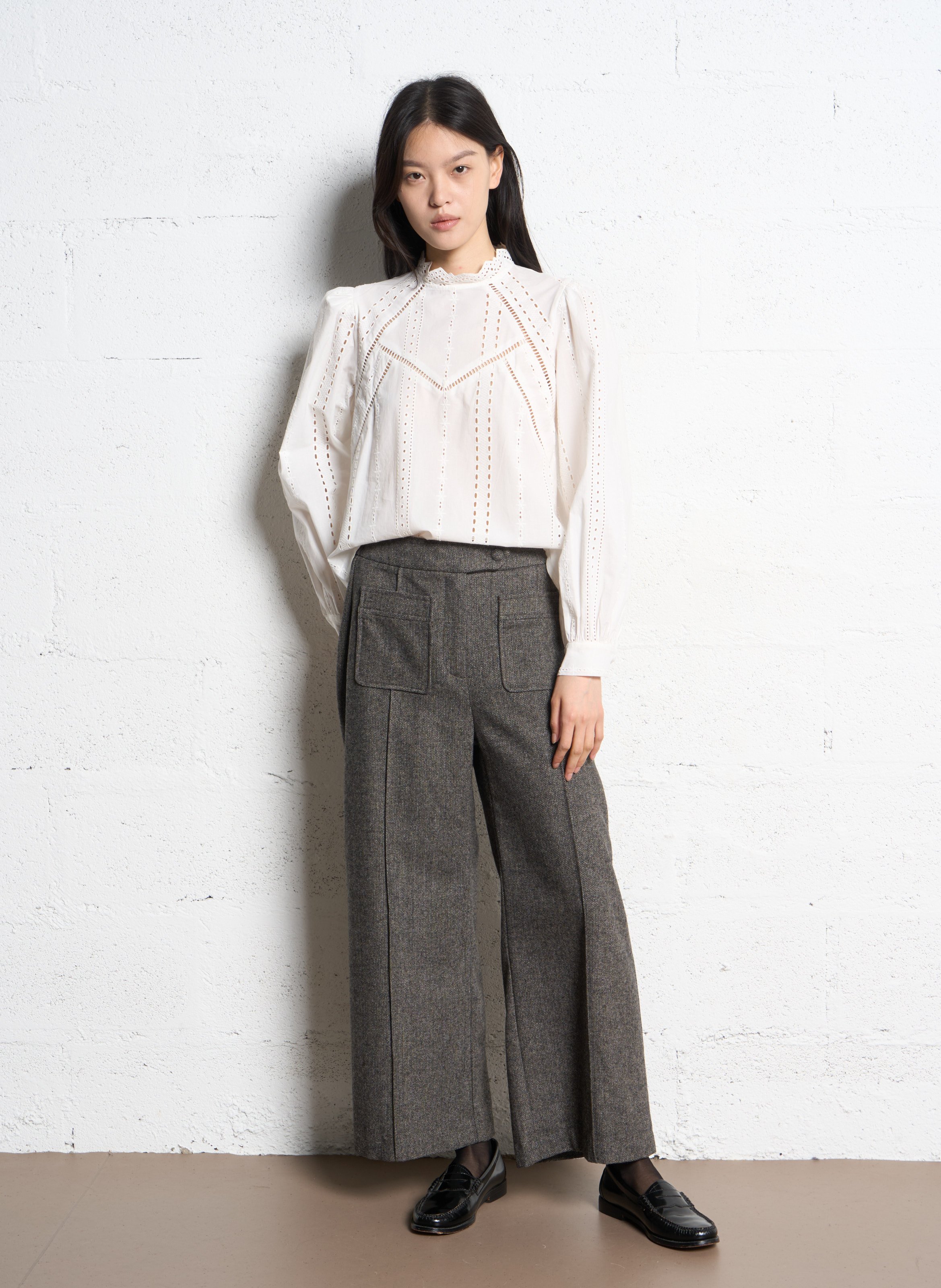 Pantalon large en laine mélangée SUNCOO Noir