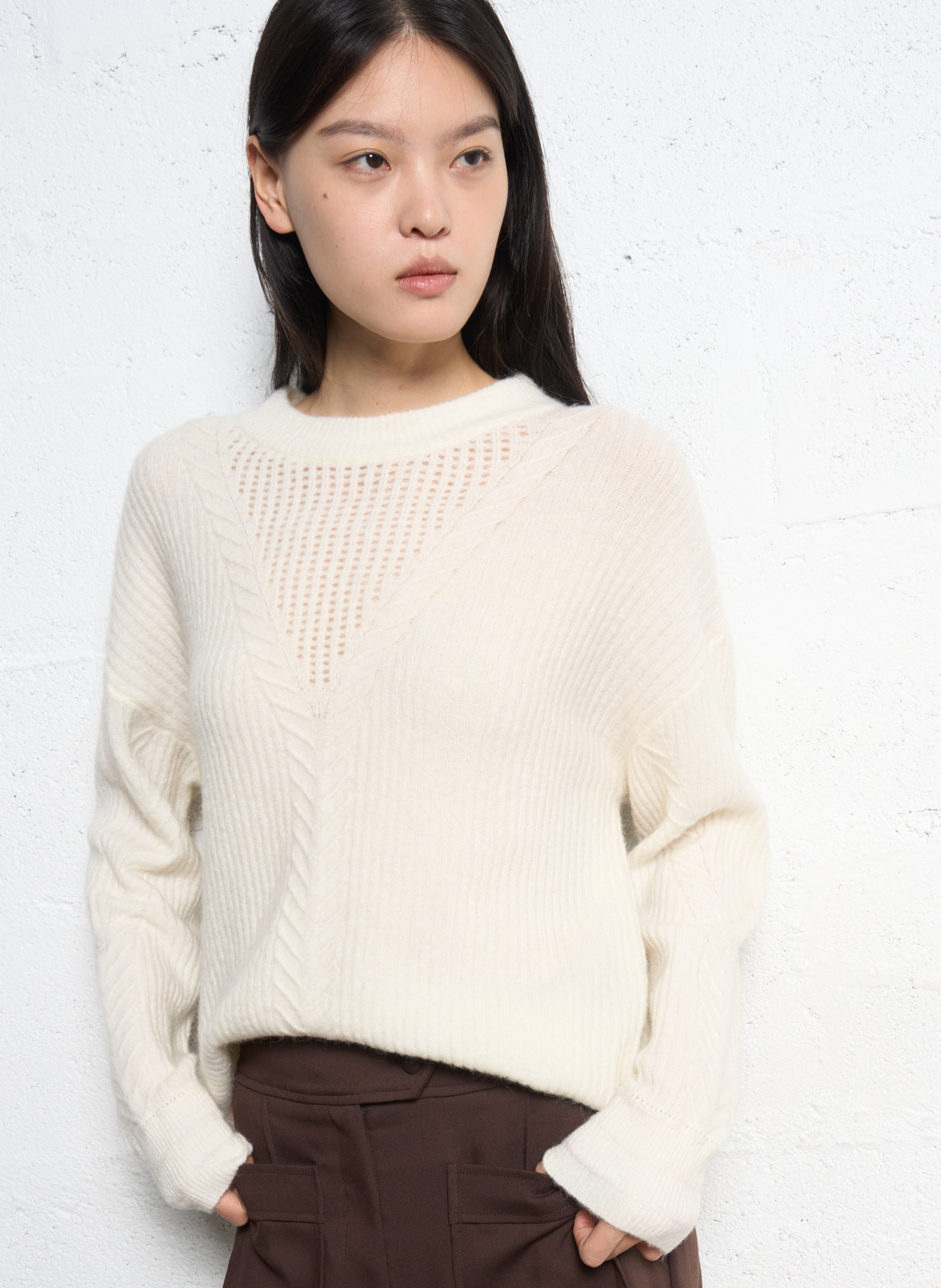 Pull droit col rond ajouré en laine mélangée SUNCOO Blanc