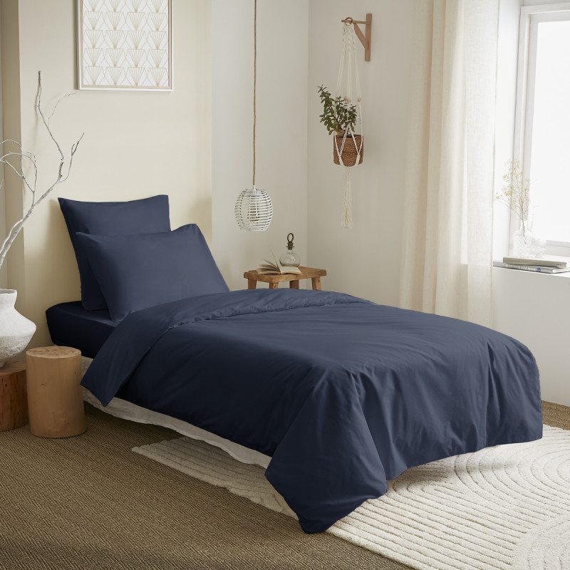 Complete 4-piece solid navy blue duvet cover set for a 90 x 190 cm bed COTON PUR Blue