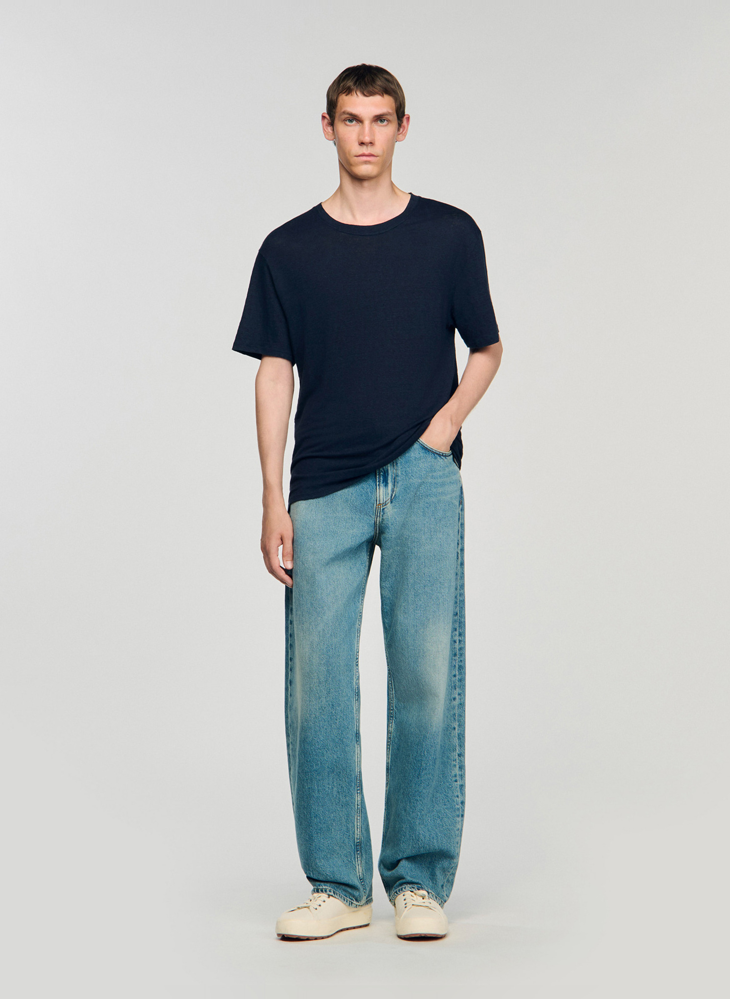 Tee-shirt col rond regular-fit en lin SANDRO Bleu