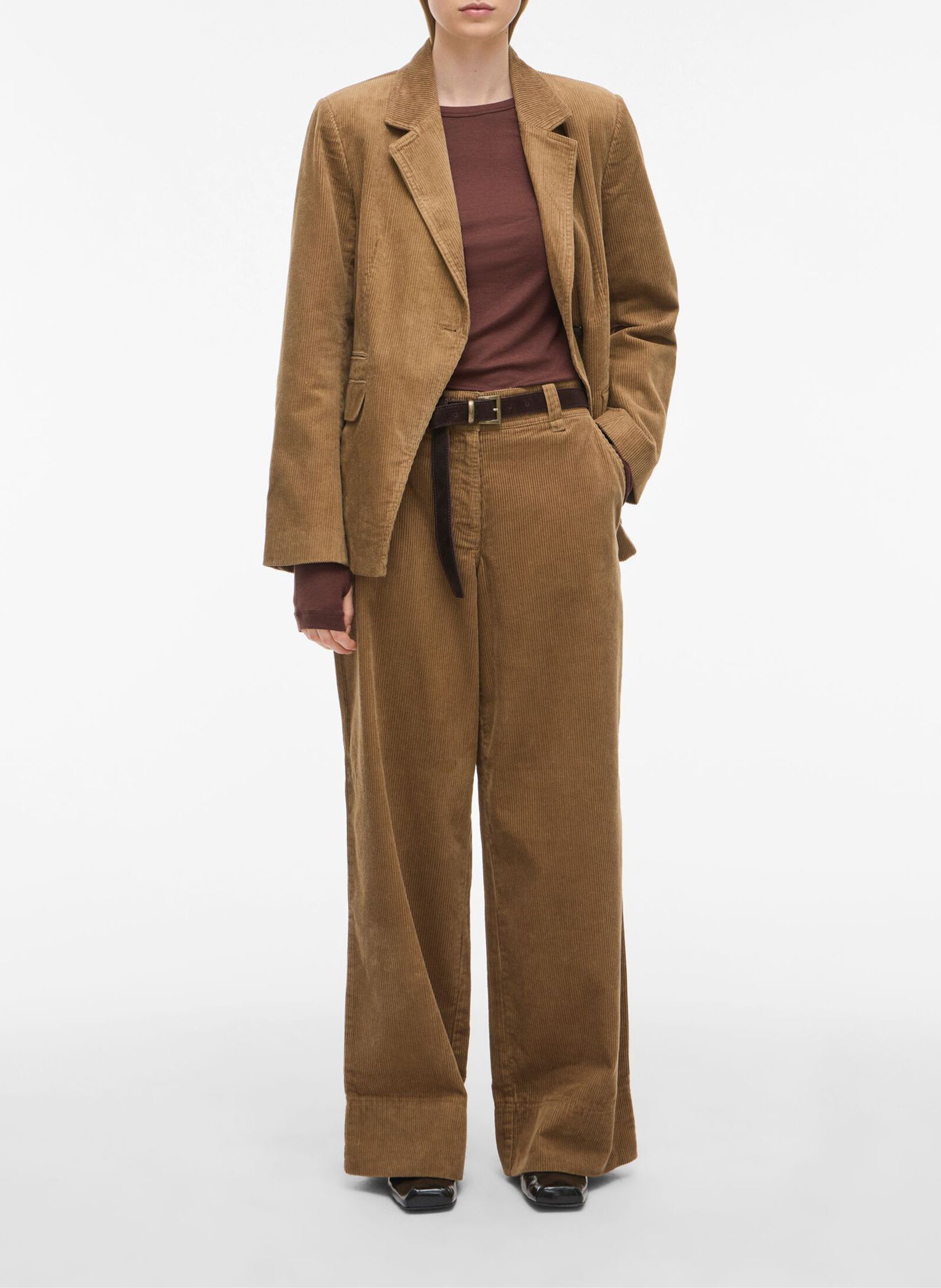 Pantalon large taille haute en coton côtelé ROUGE EDIT Marron