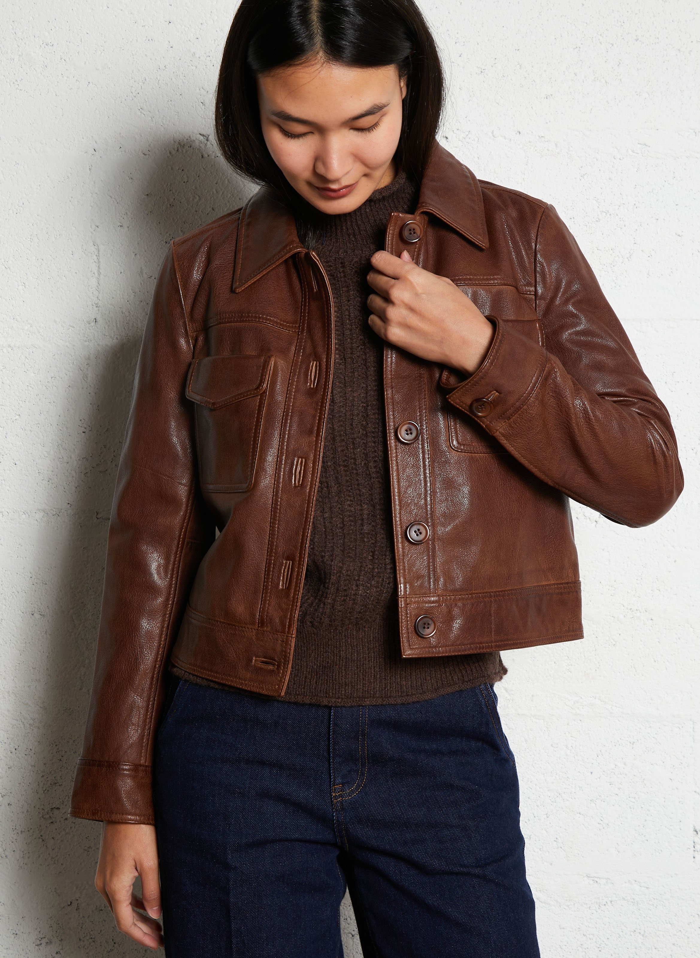 Veste courte boutonnée en cuir MAISON 123 Beige