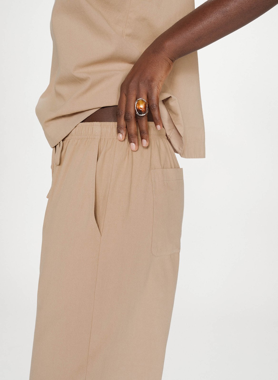 Pantalon droit élastiqué uni en coton GRACE ET MILA Beige