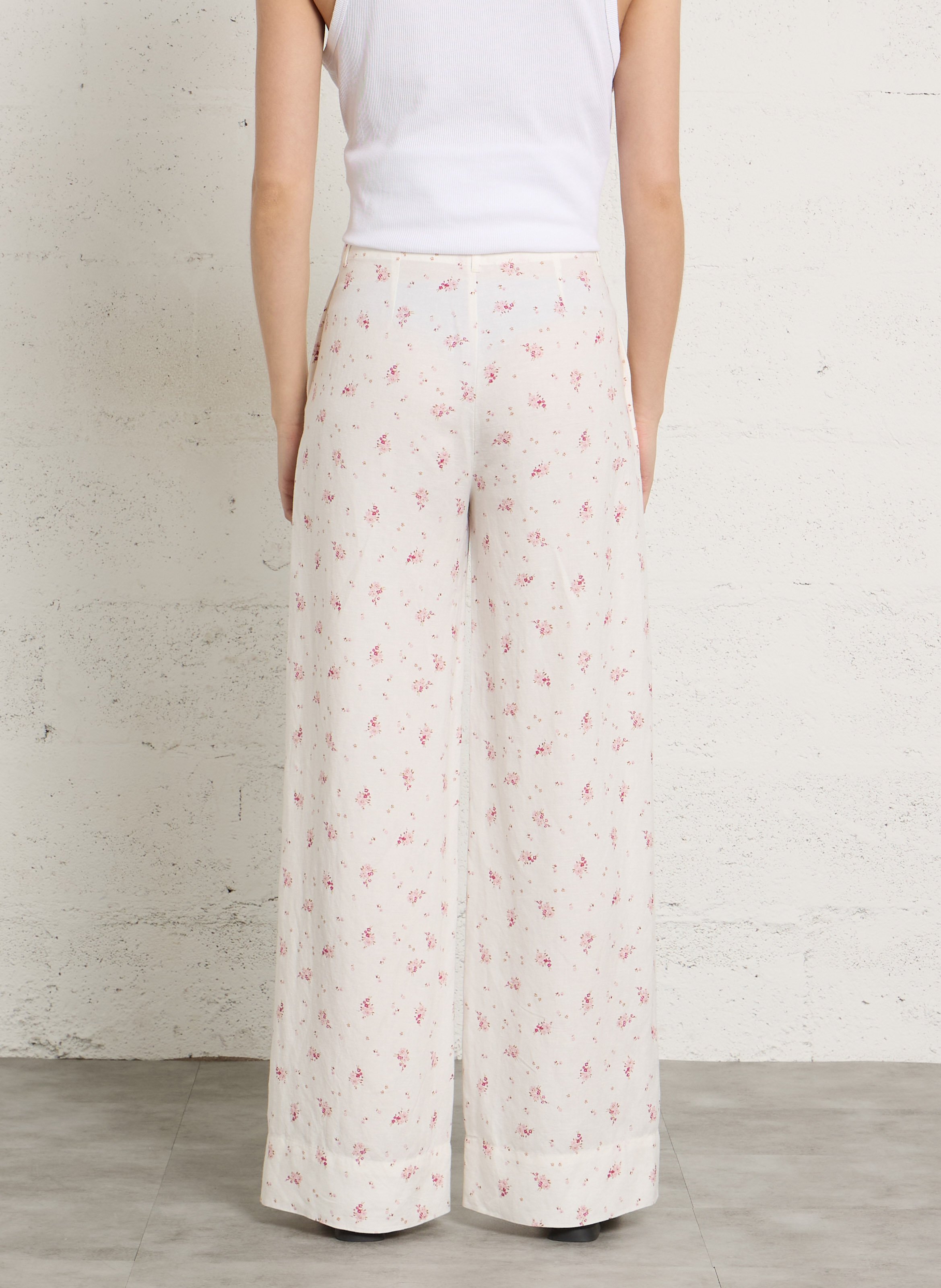 Pantalon large imprimé en lin mélangé DES PETITS HAUTS Blanc