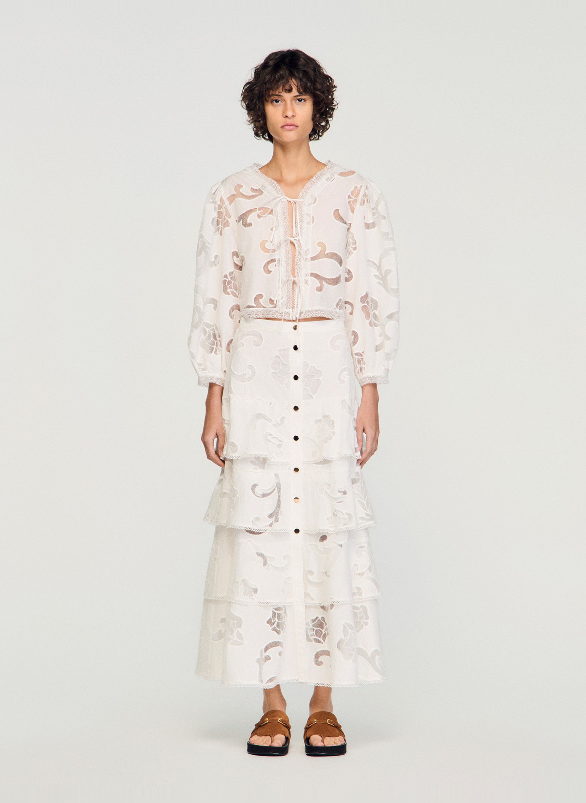 Jupe longue en coton mélangé ajouré SANDRO Beige