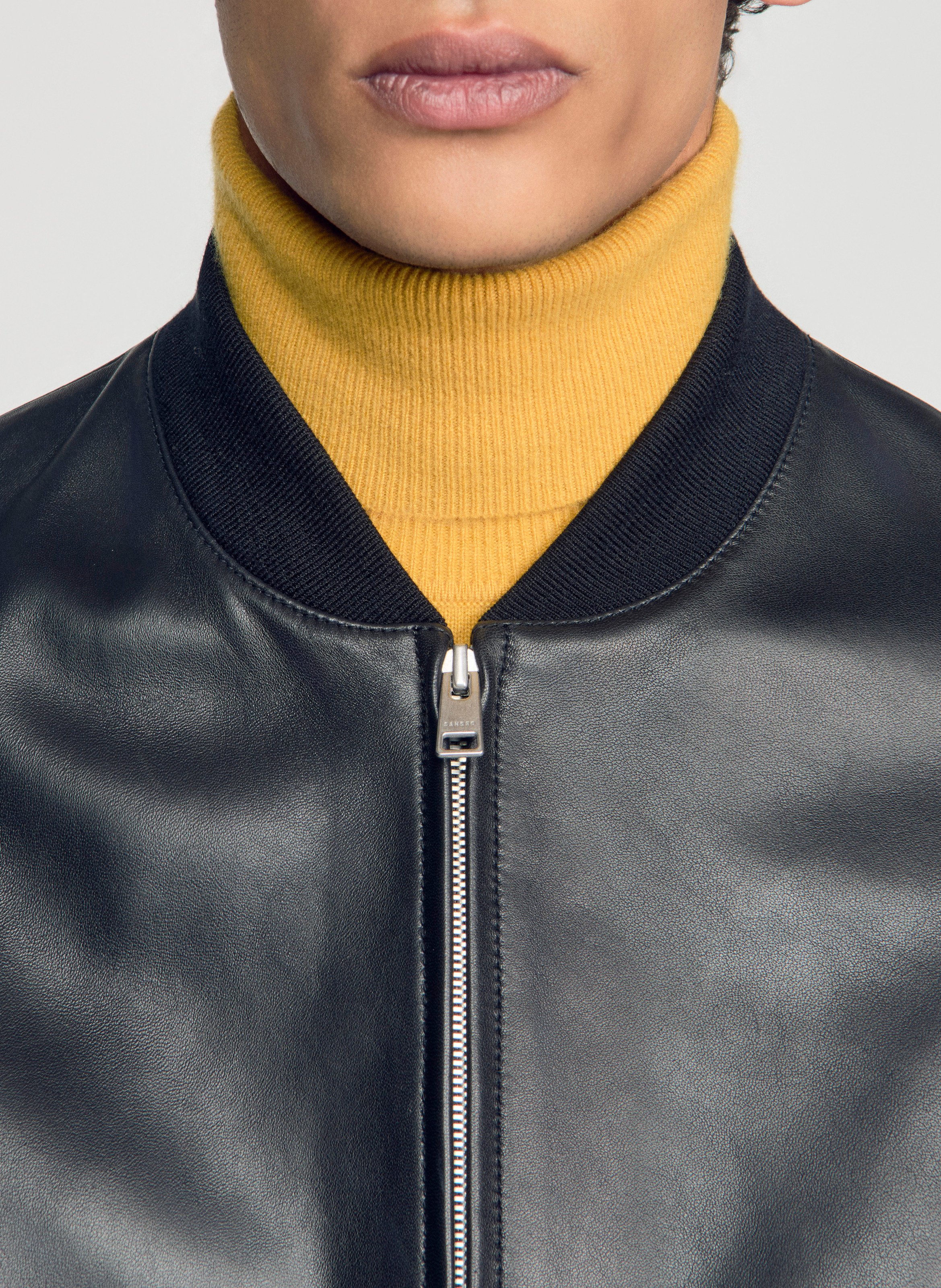 Blouson col teddy en cuir SANDRO Noir