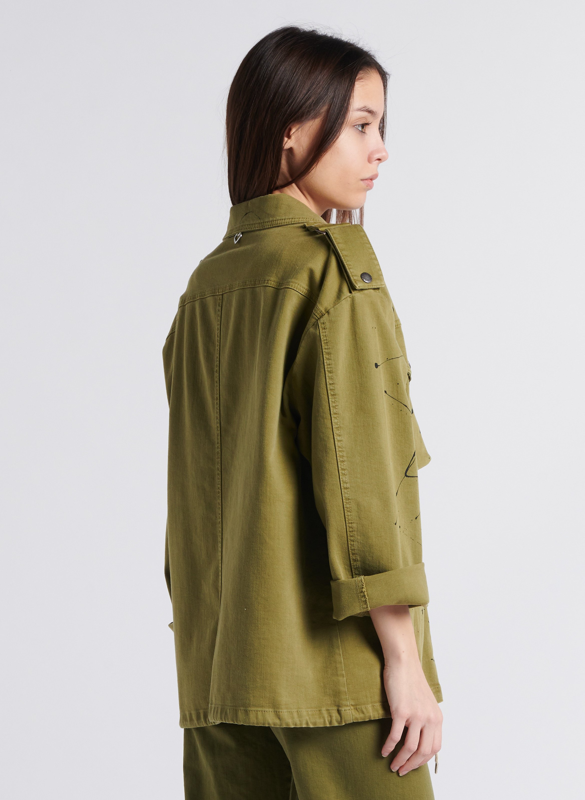 Straight-cut paint splatter print jacket with classic collar PLEASE Khaki