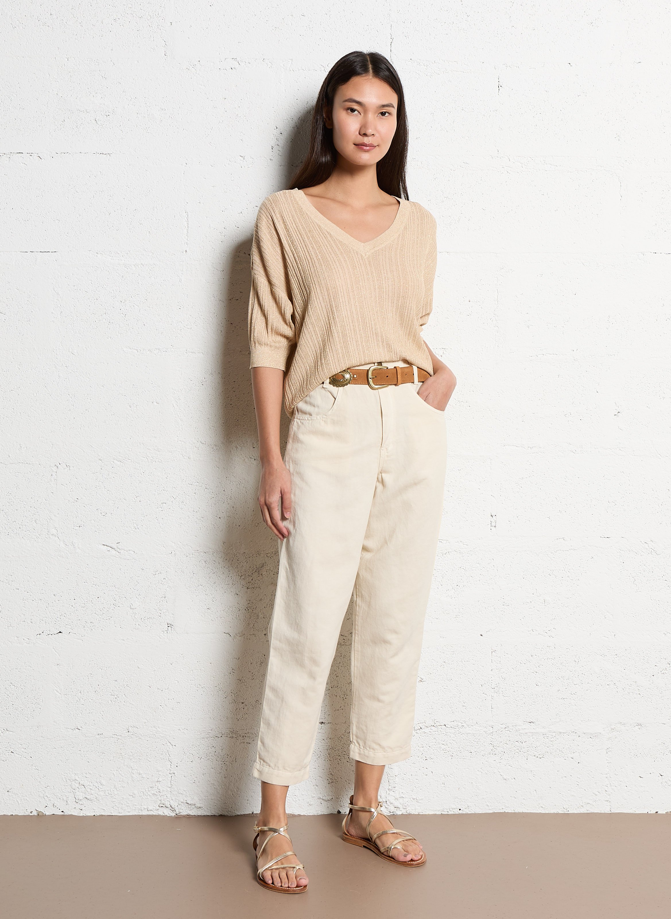 Pantalon carotte en lin mélangé TINSELS Blanc