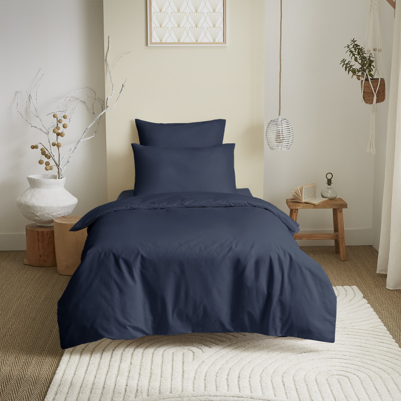 Complete 4-piece solid navy blue duvet cover set for a 90 x 190 cm bed COTON PUR Blue