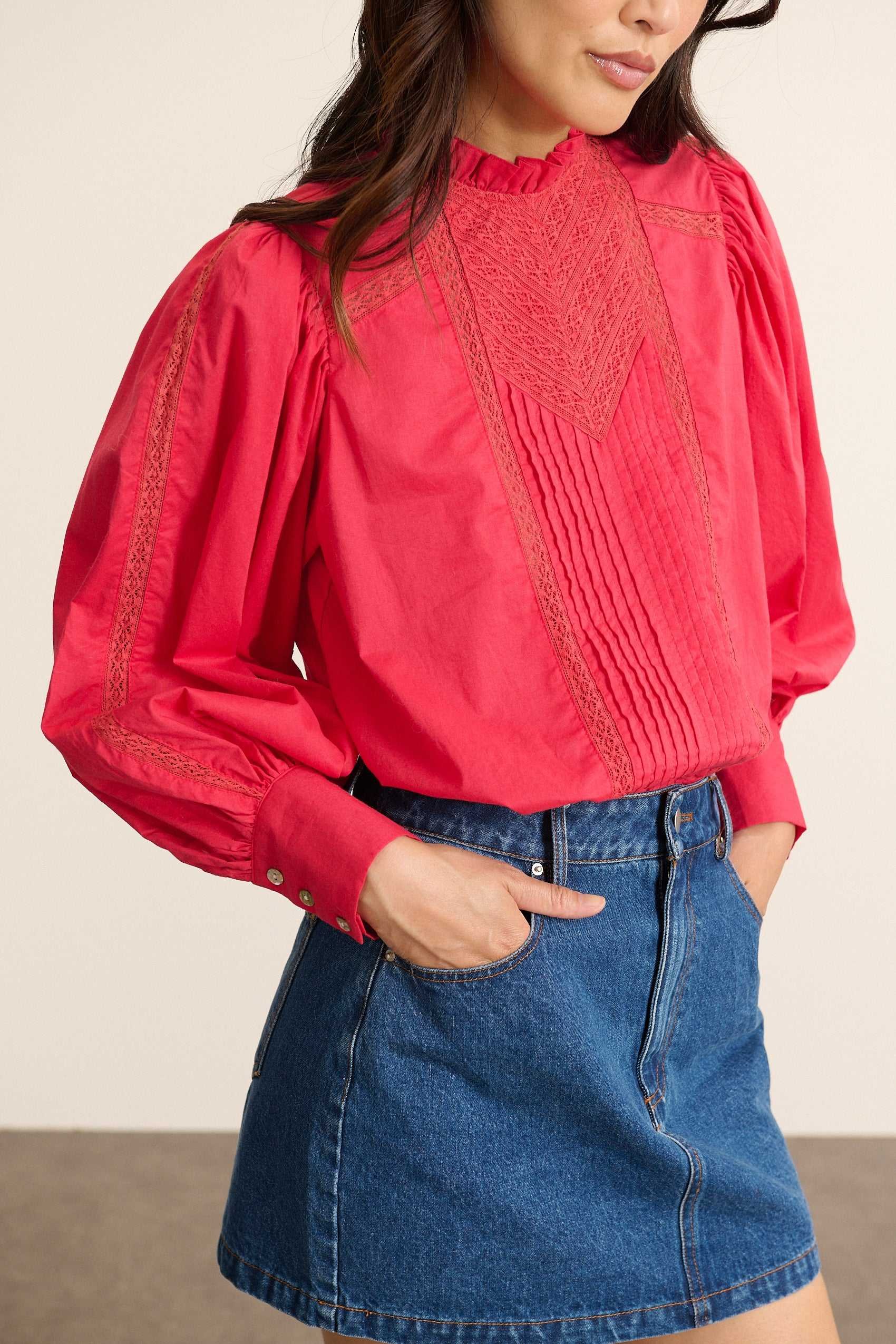 Blouse with lace ruffled collar GARANCE PARIS Red