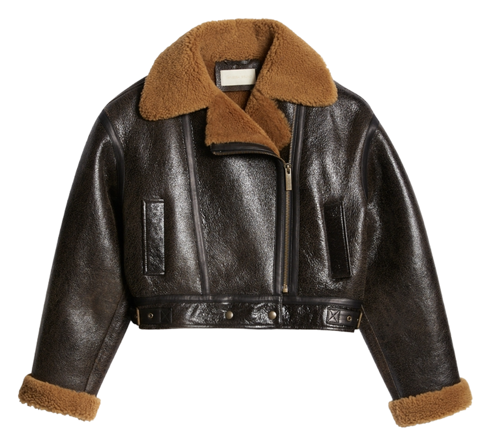 Kort leren jasje met kraag en revers VANESSA BRUNO Bruin