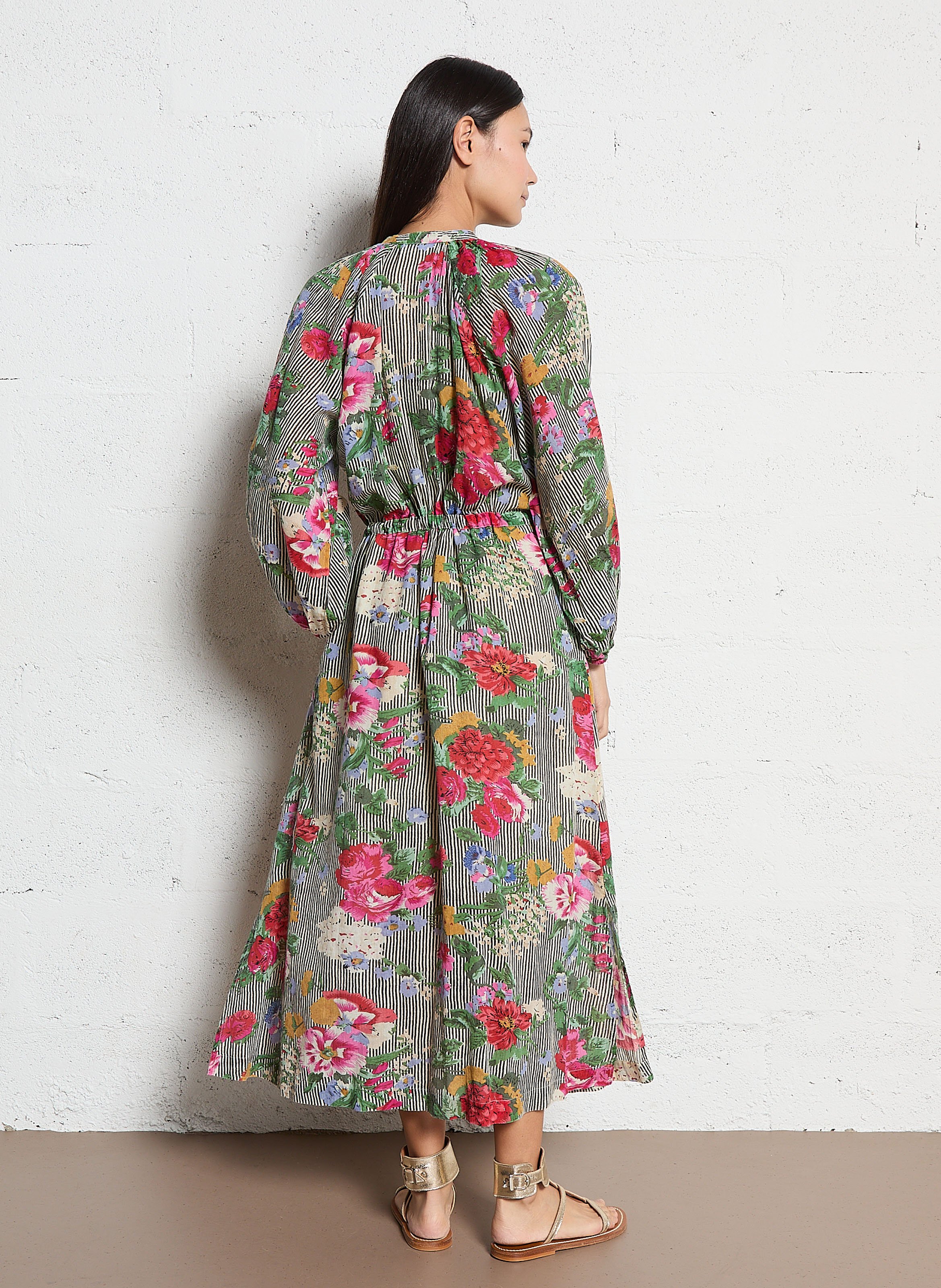 Lange, katoenen jurk met ronde hals en print MAISON HOTEL Zwart