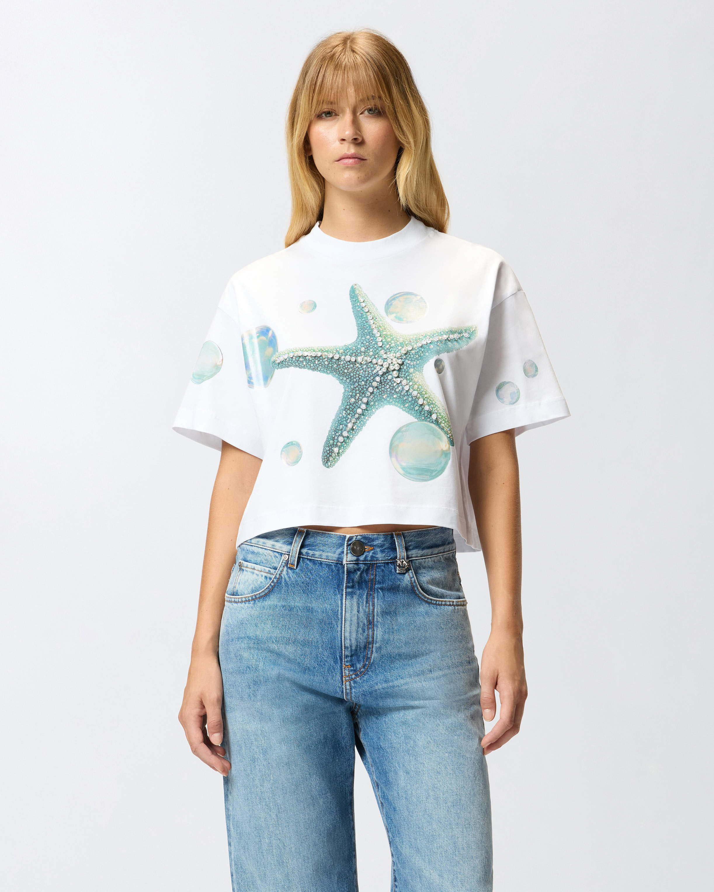 Short t-shirt with print and appliqués PINKO White