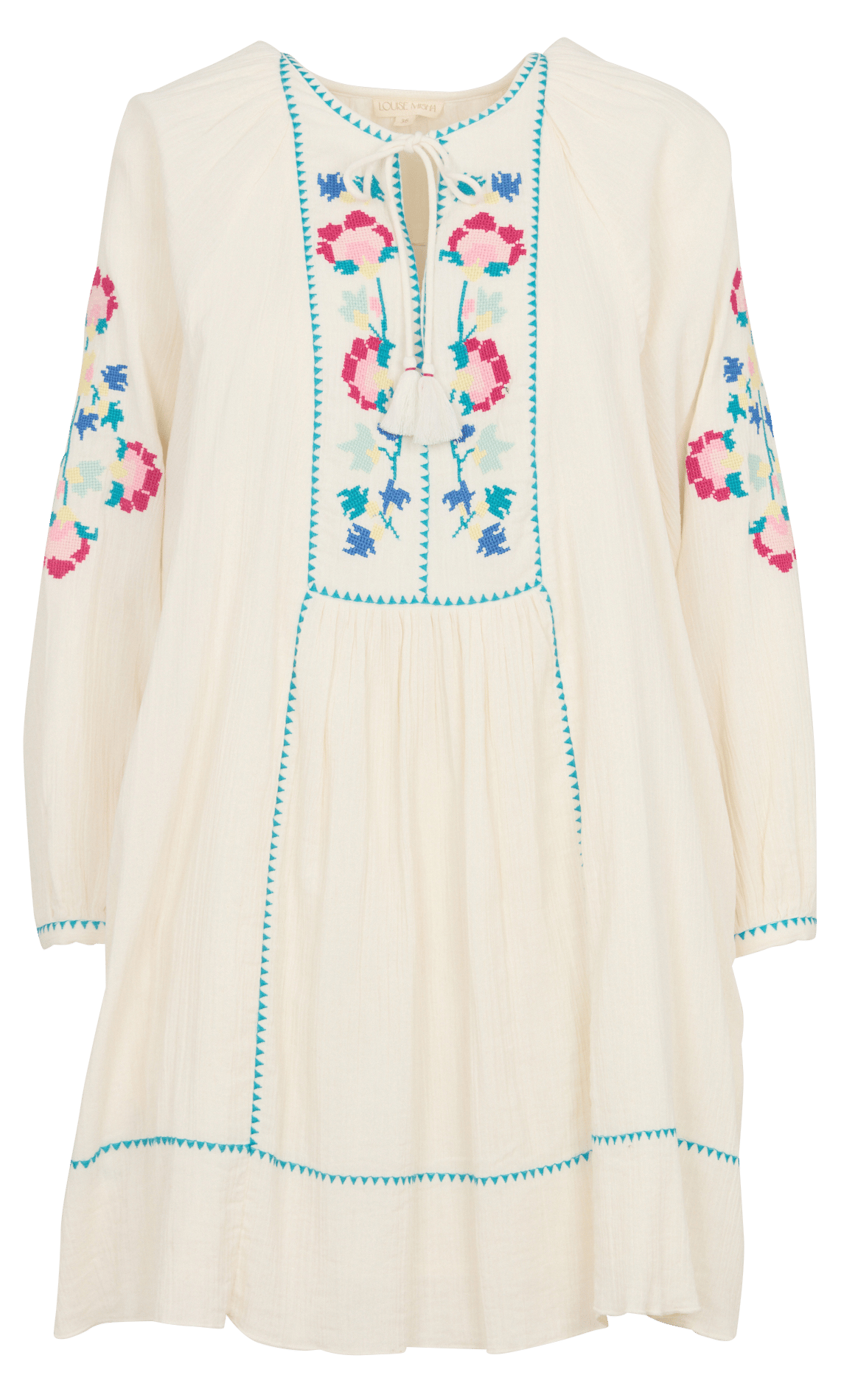 Kurzes Kleid mit Tunika-Ausschnitt aus Bio-Baumwolle mit Stickerei. LOUISE MISHA Weiss