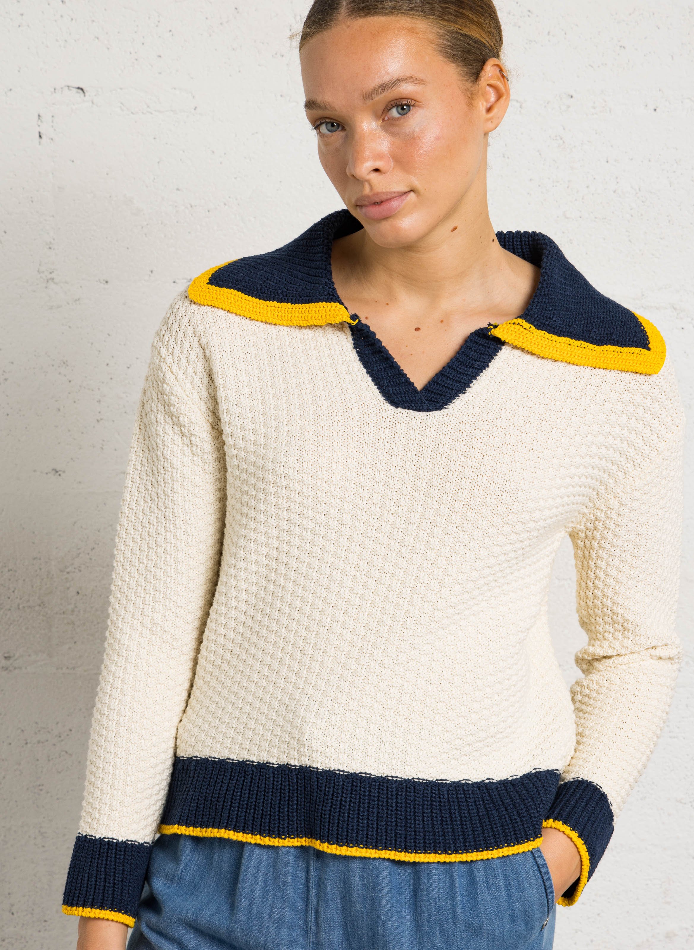 Straight V-neck cotton sweater DR BLOOM Beige