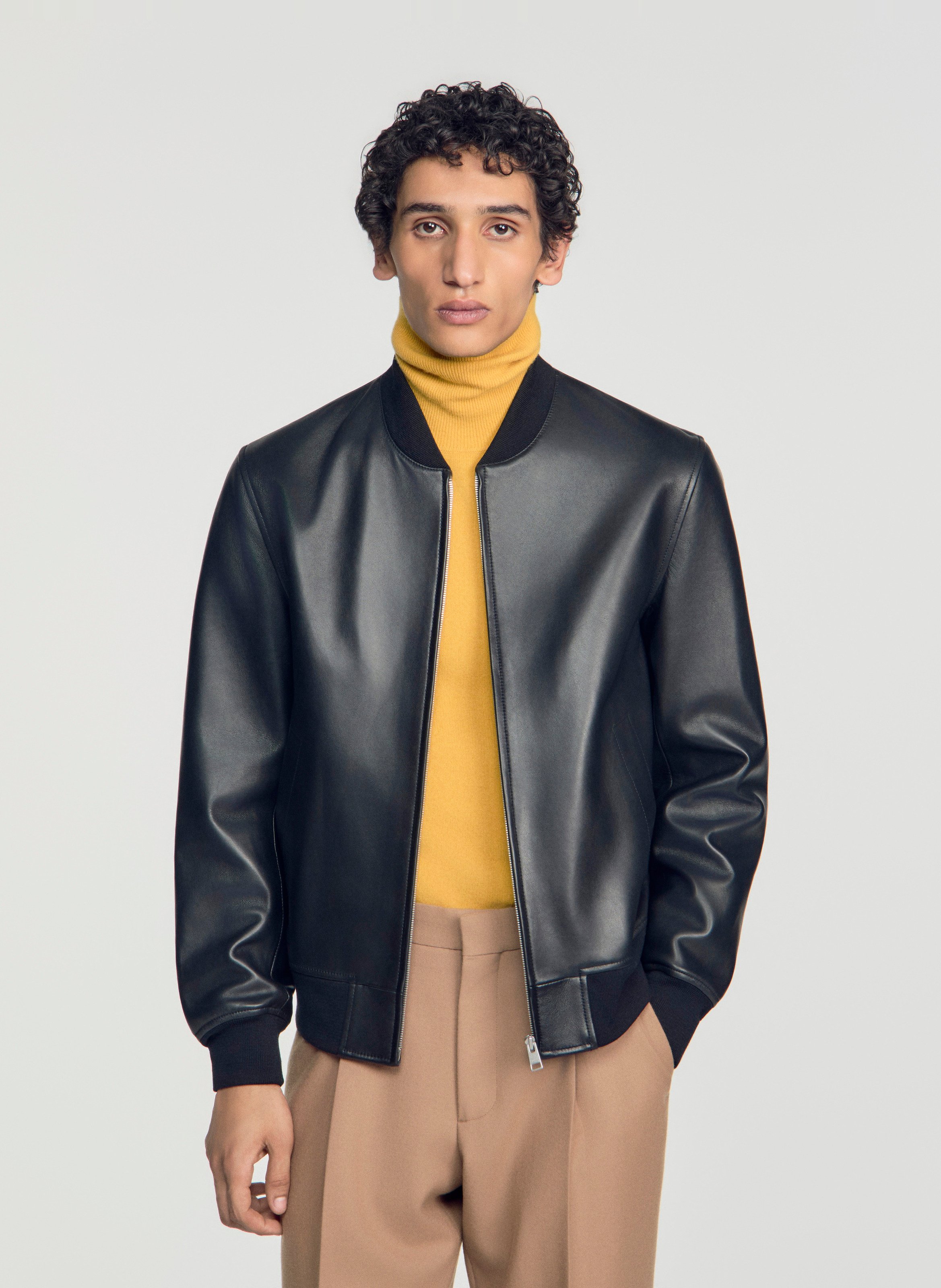 Blouson col teddy en cuir SANDRO Noir