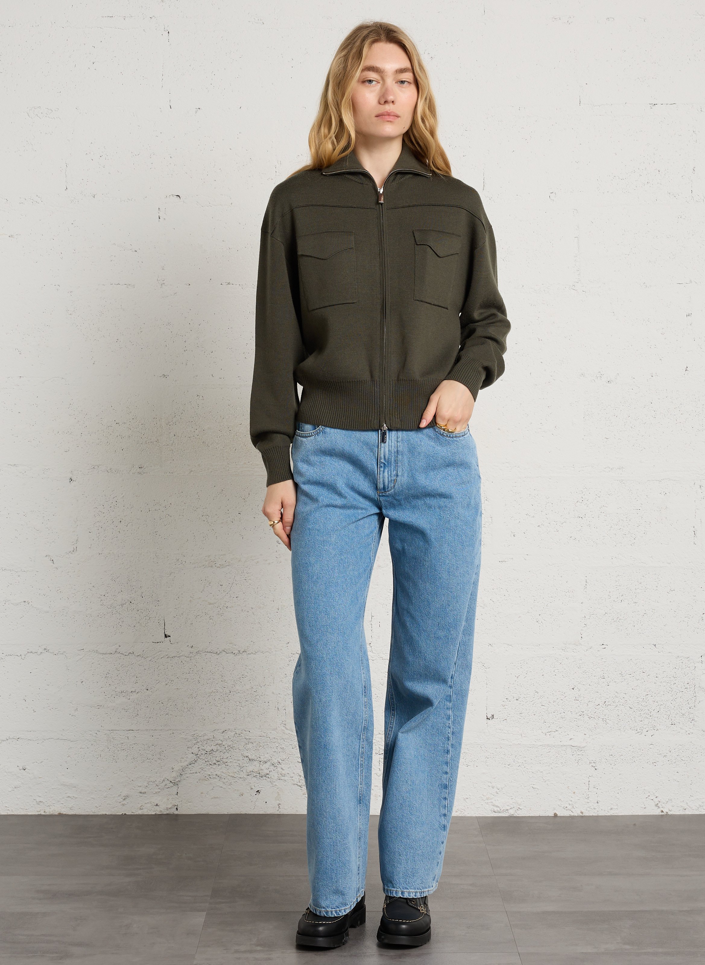 Straight zip-up wool cardigan BERENICE Khaki