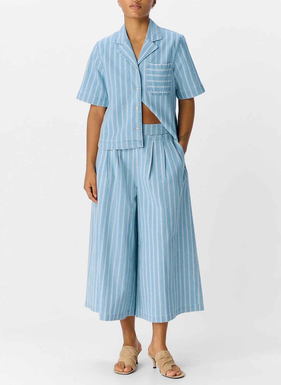 Wide Leg Striped Denim Pants OBJECT Blue