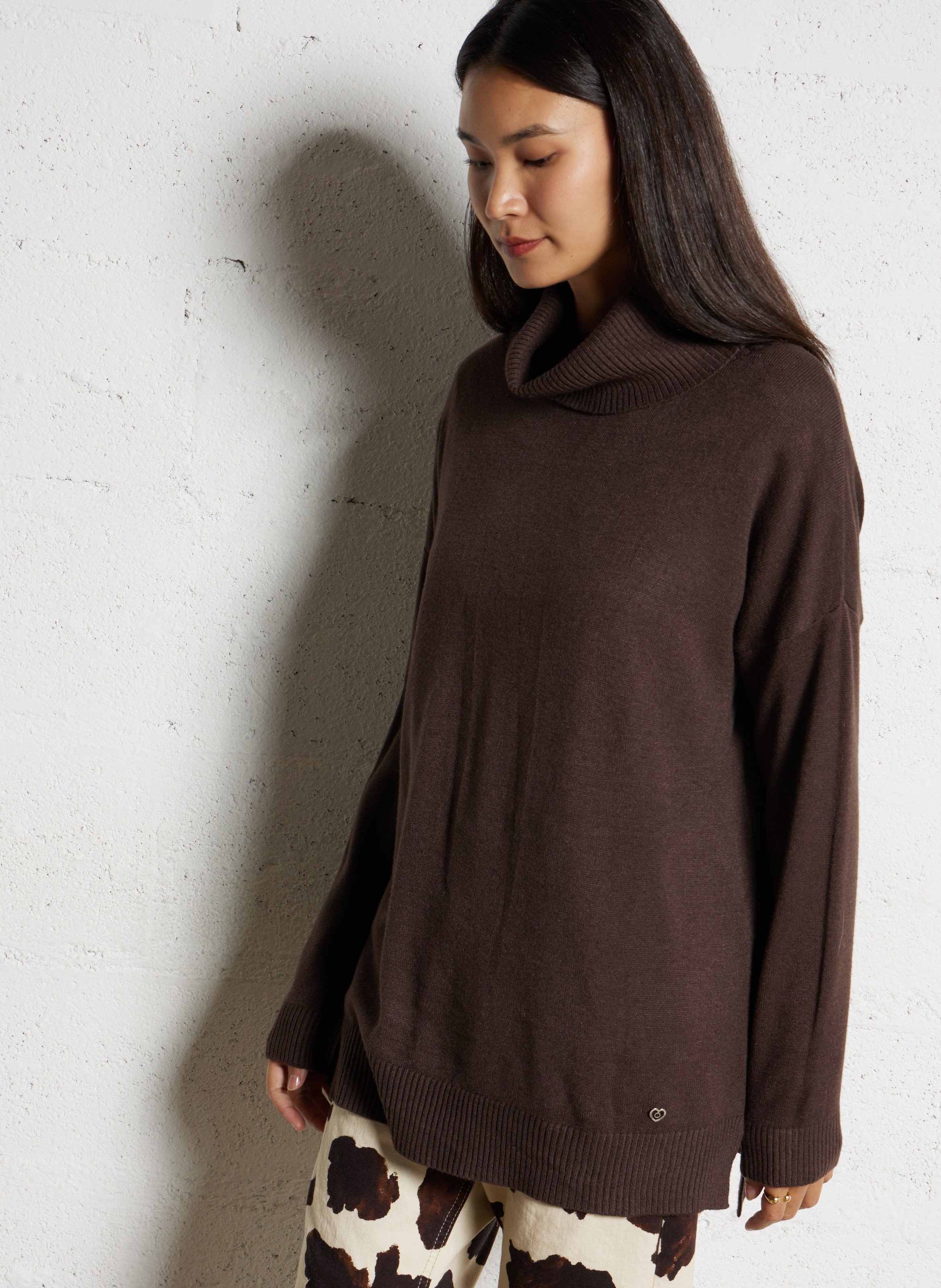 Pull droit col roulé chiné  PLEASE Marron