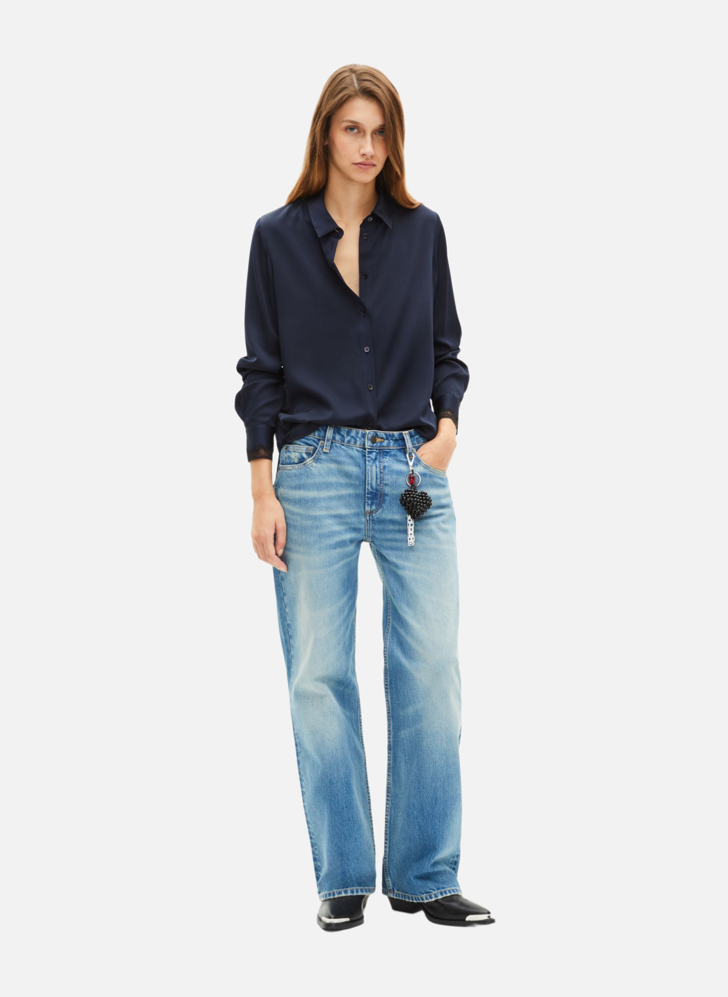 Printed silk satin classic-collar shirt THE KOOPLES Blue