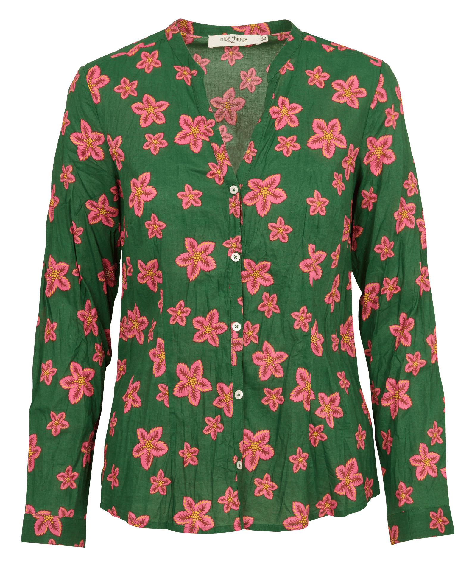 Chemise fleurie col tunisien en coton NICE THINGS Vert