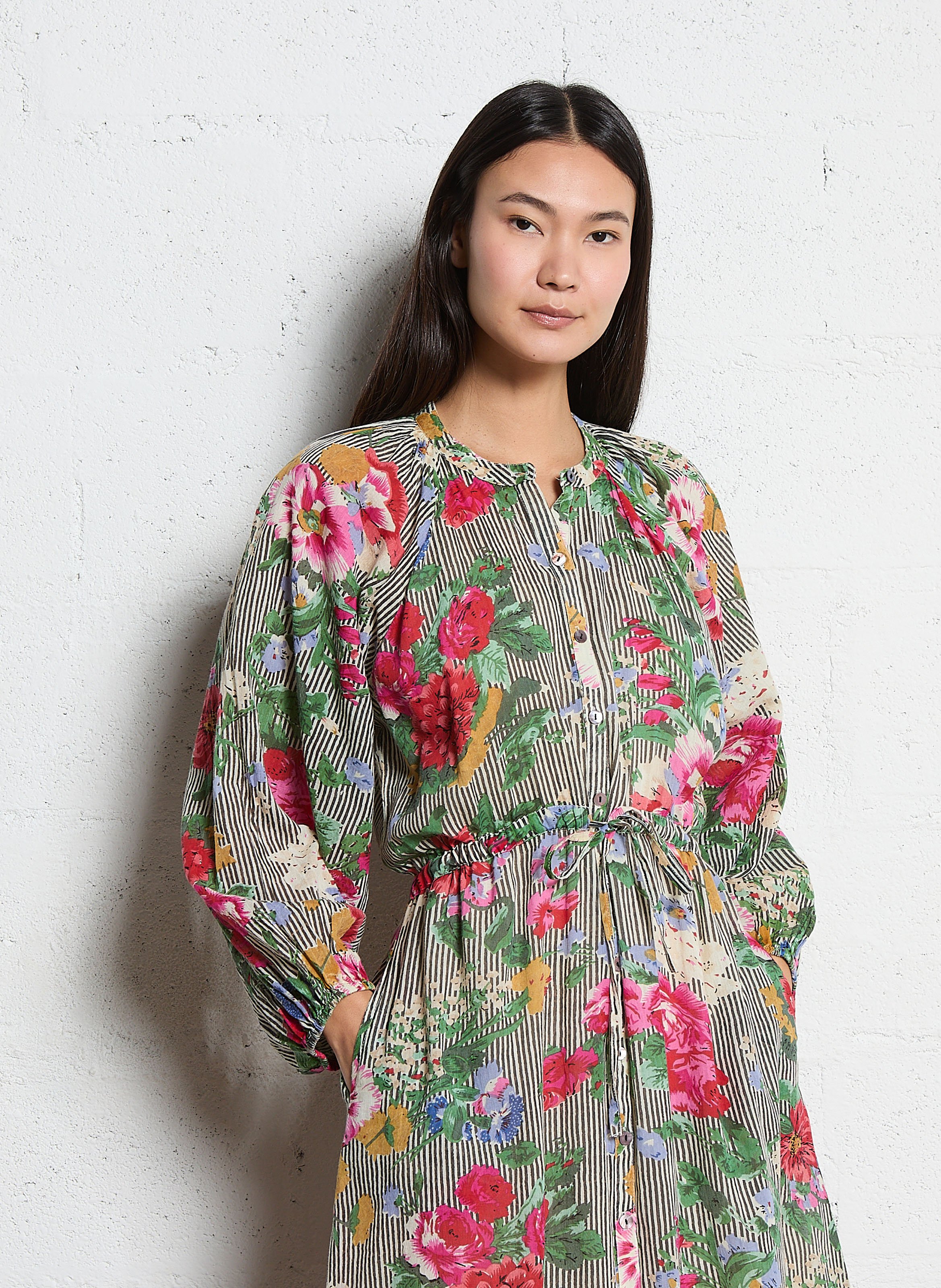 Lange, katoenen jurk met ronde hals en print MAISON HOTEL Zwart