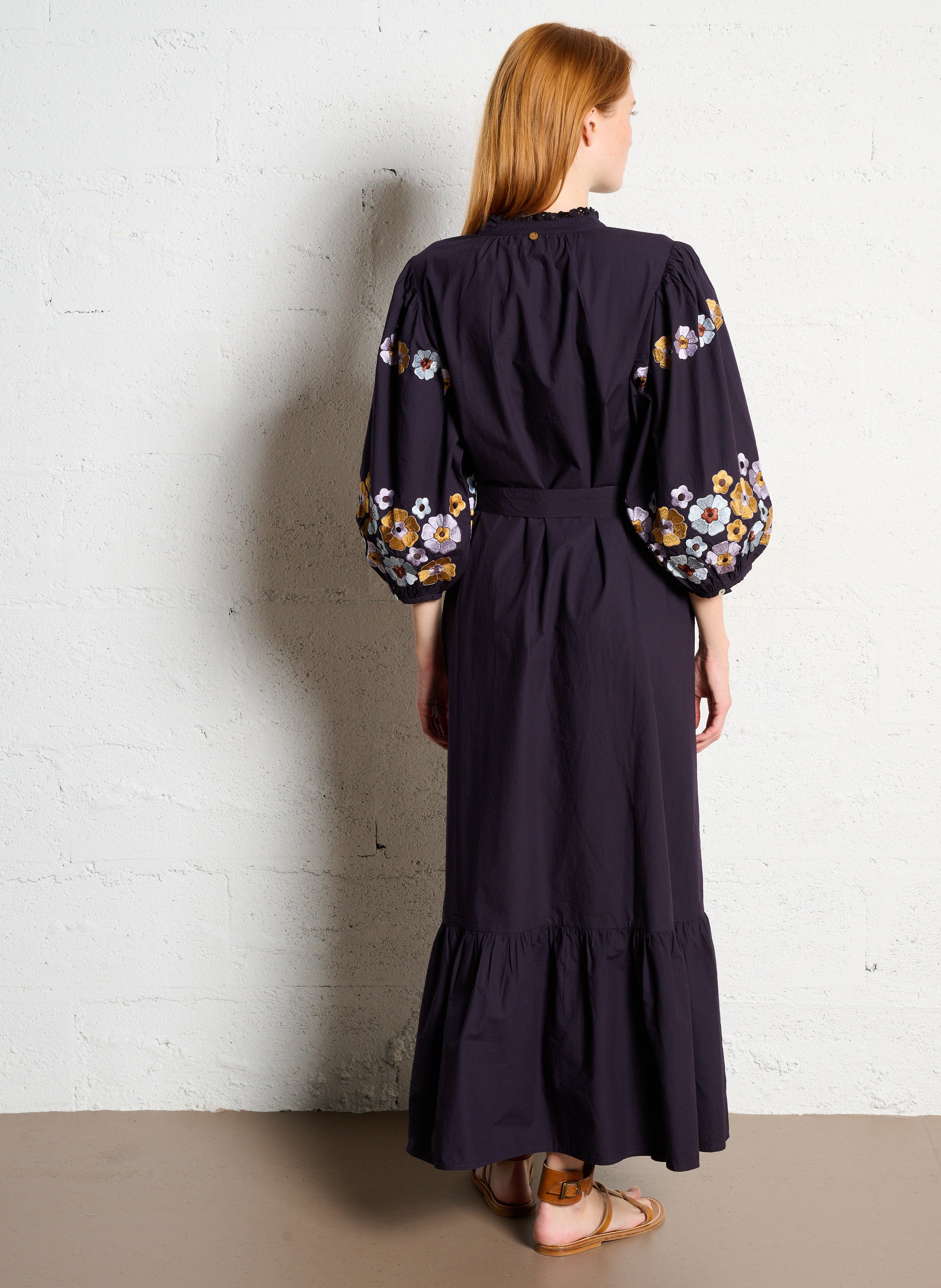 Robe longue col rond brodée en coton ANTIK BATIK Bleu